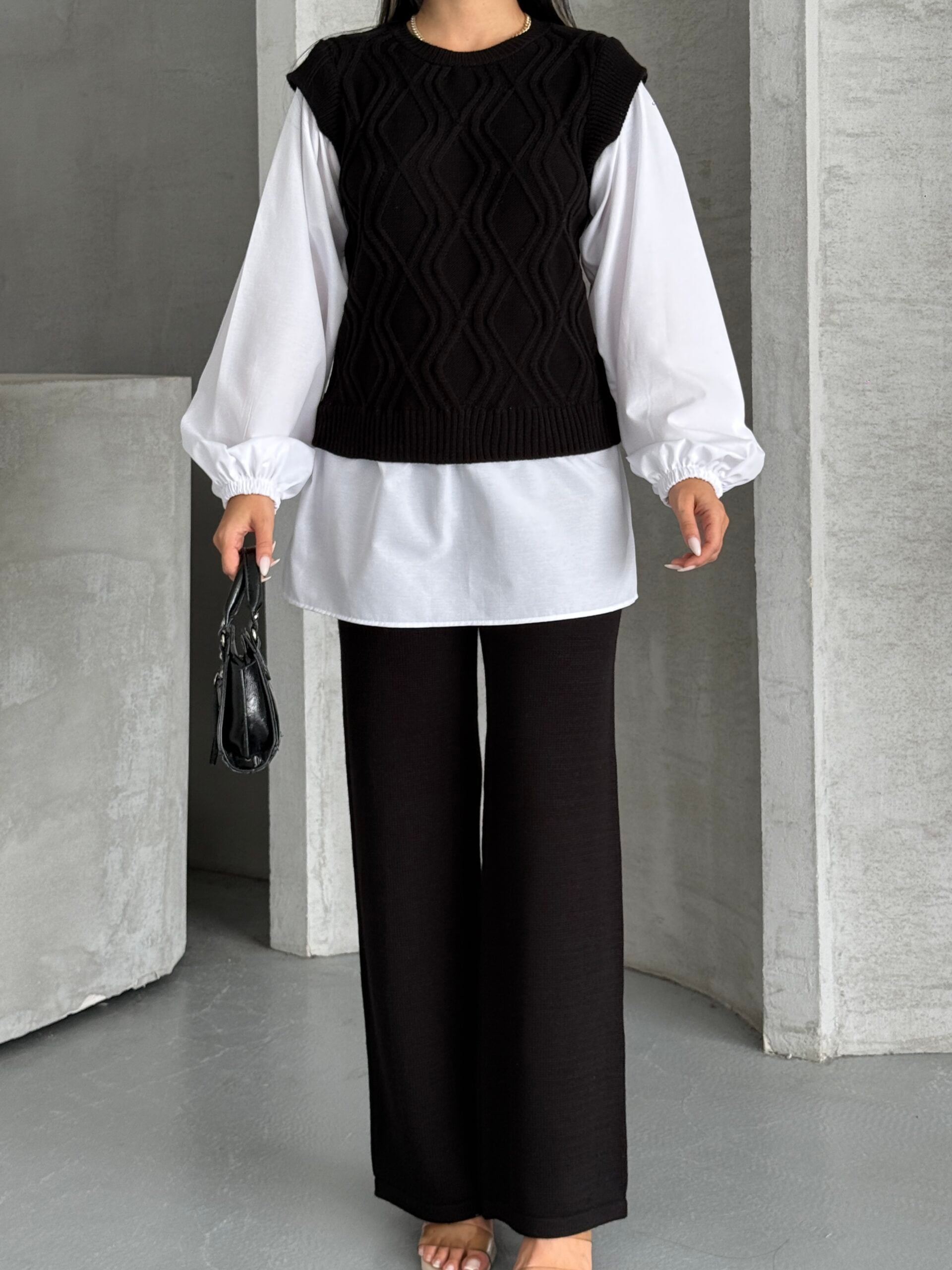 Women's Knit Vest, Blouse and Wide-Leg Trousers Set in Black and White - My Bee - by Peralane - photo 6