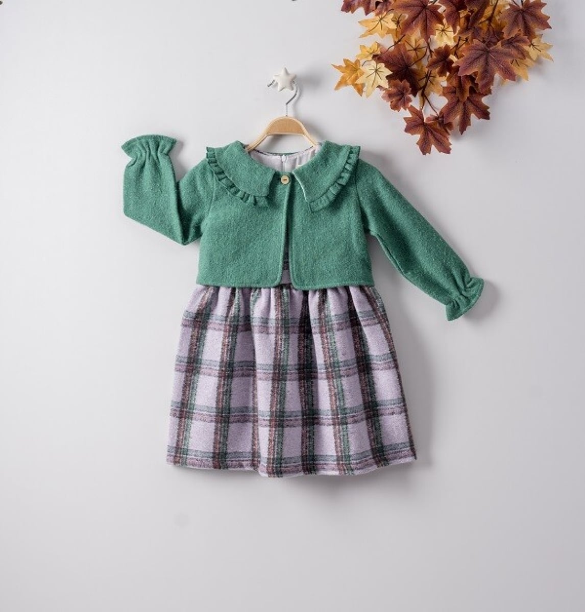 Ruffled Collar Dress with Cardigan Set for Girls - Busra Bebe - by Peralane