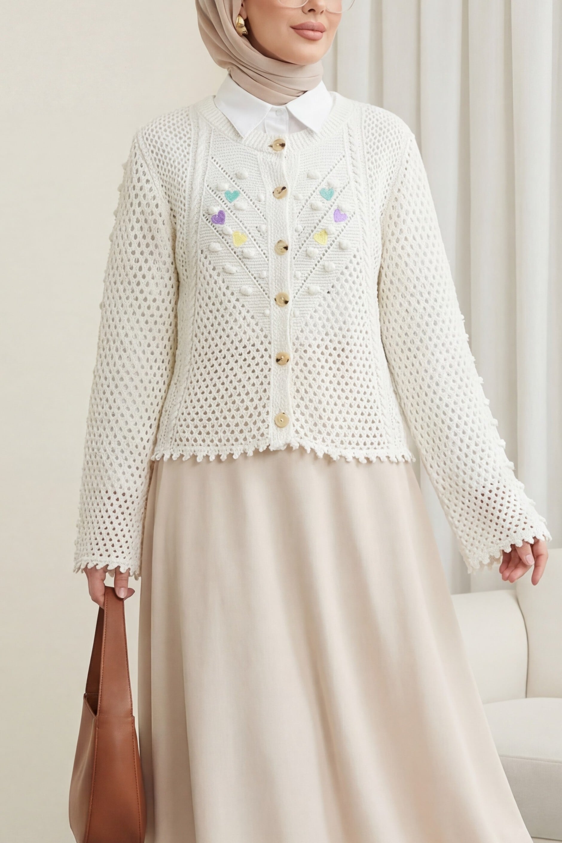 Cream Knit Cardigan with Heart Embroidery and Pompoms - Podyumplus - by Peralane - photo 3