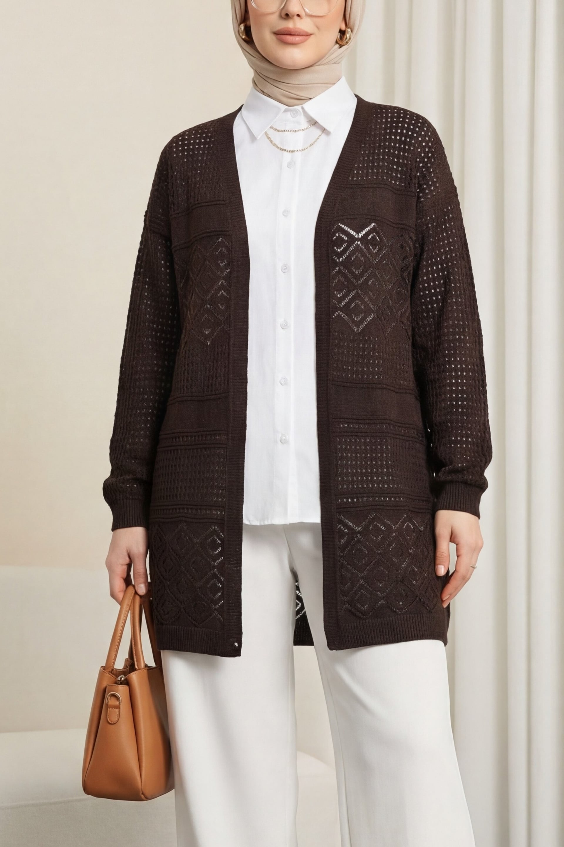 Open-Front Textured Knit Cardigan in Dark Brown - Podyumplus - by Peralane