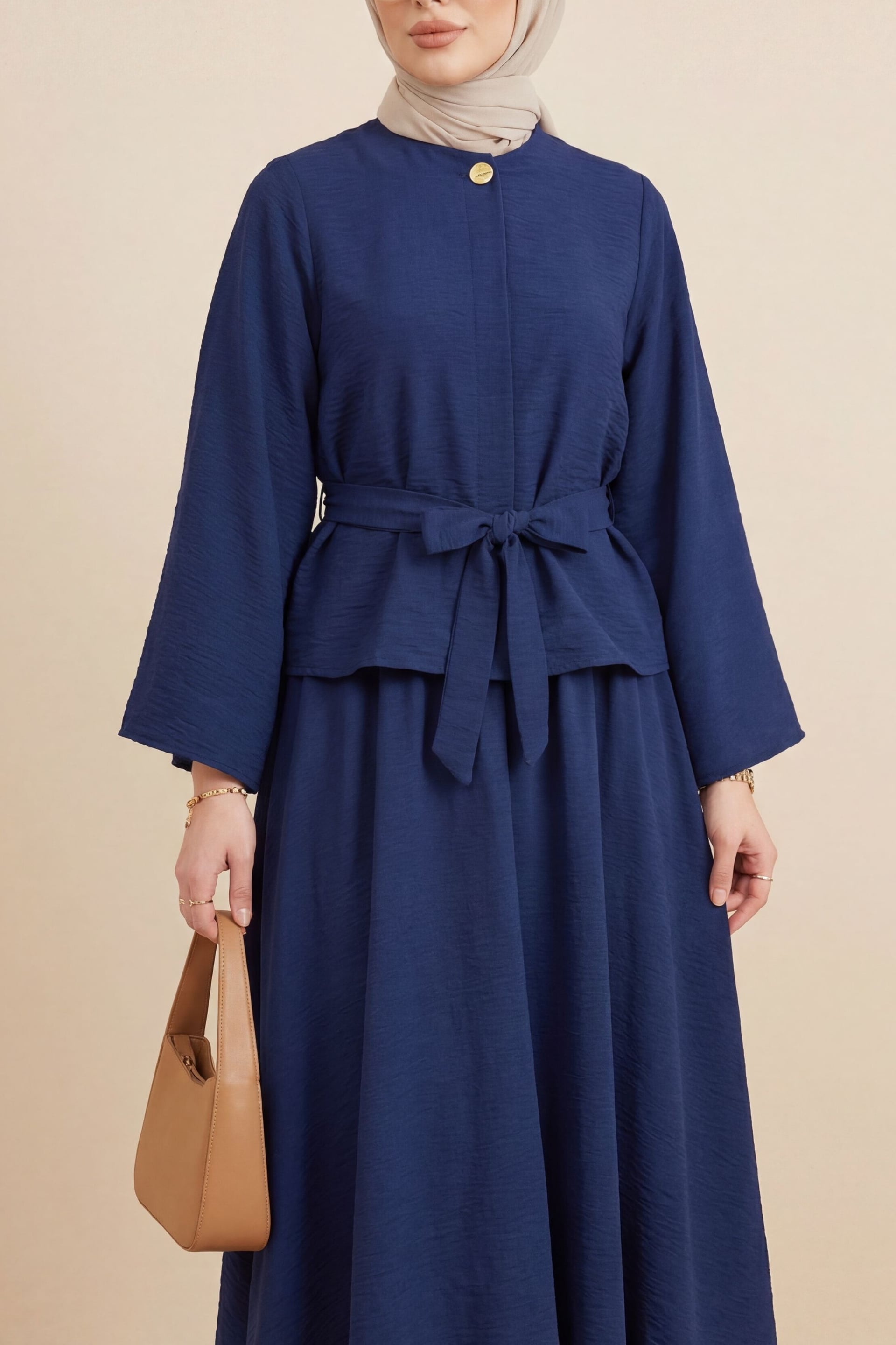 Navy Single Button Belted Skirt Set with Long-Sleeved Top and Maxi Skirt - Podyumplus - by Peralane - photo 2