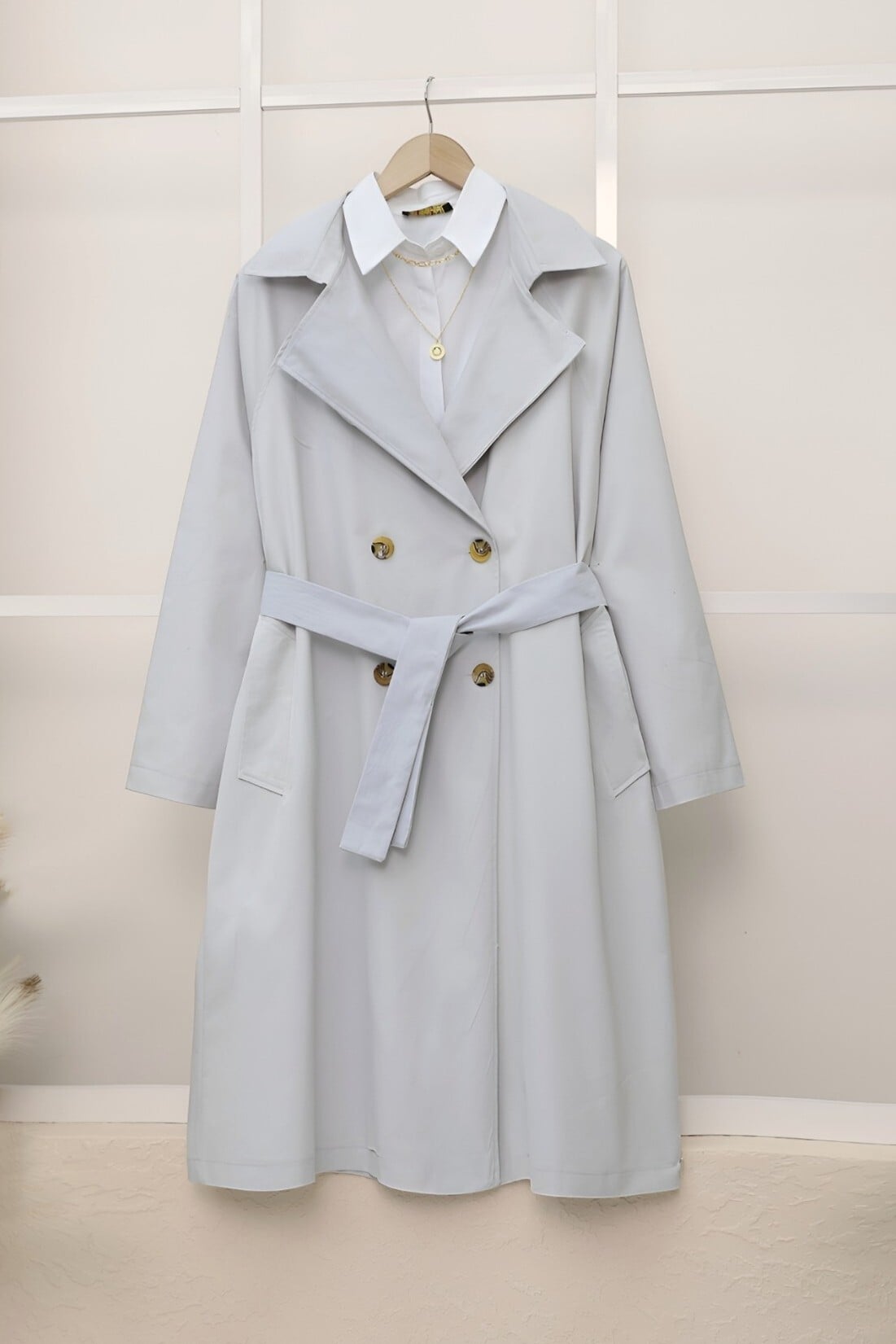 Light Grey Belted Mid-Length Trench Coat with Bolero Detail - Podyumplus - by Peralane - photo 3