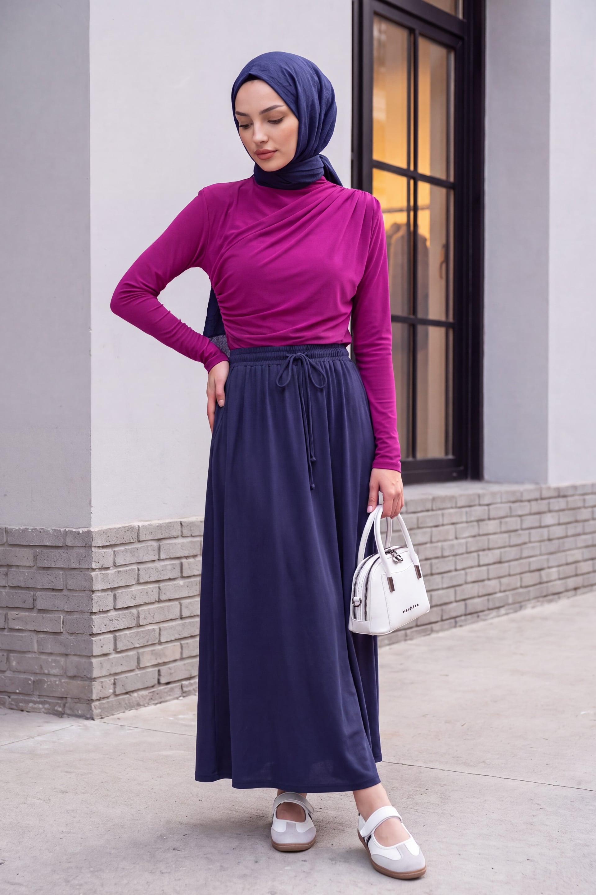 Women's Drawstring Waist Jersey Maxi Skirt with Pockets - Navy - Podyumplus - by Peralane - photo 2