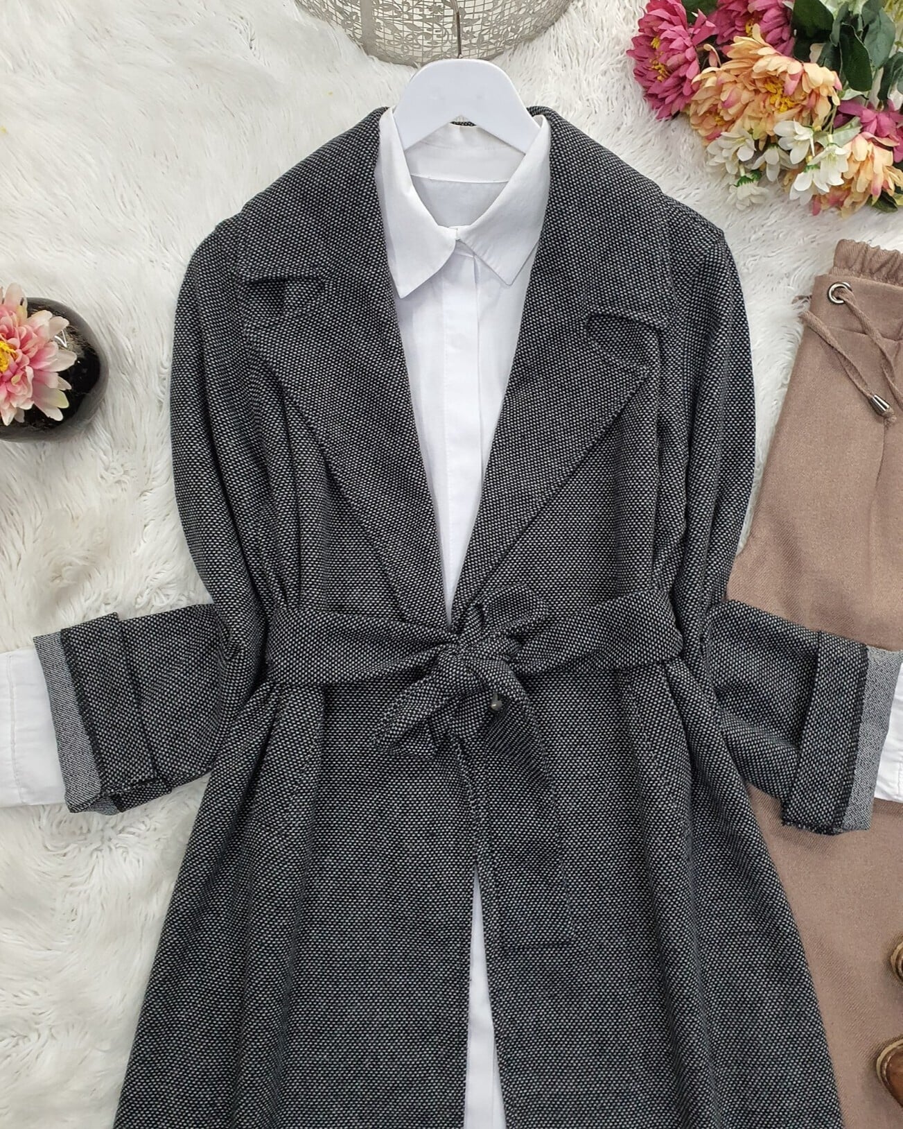 Women's Grey Shawl Collar Belted Fleece Coat - Podyumplus - by Peralane - photo 4