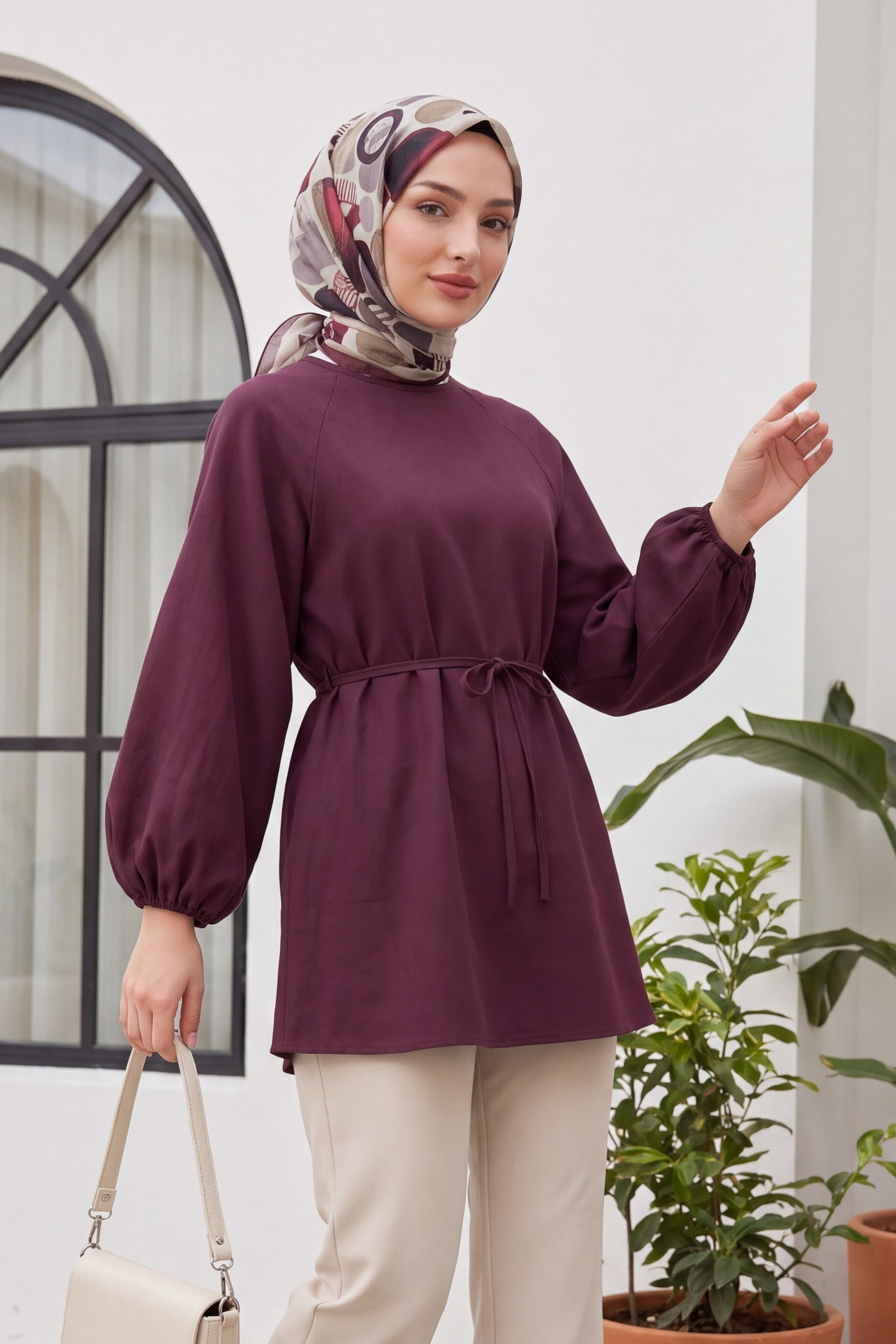 Round Neck Tie Waist Balloon Sleeve Tunic - Burgundy - Podyumplus - by Peralane