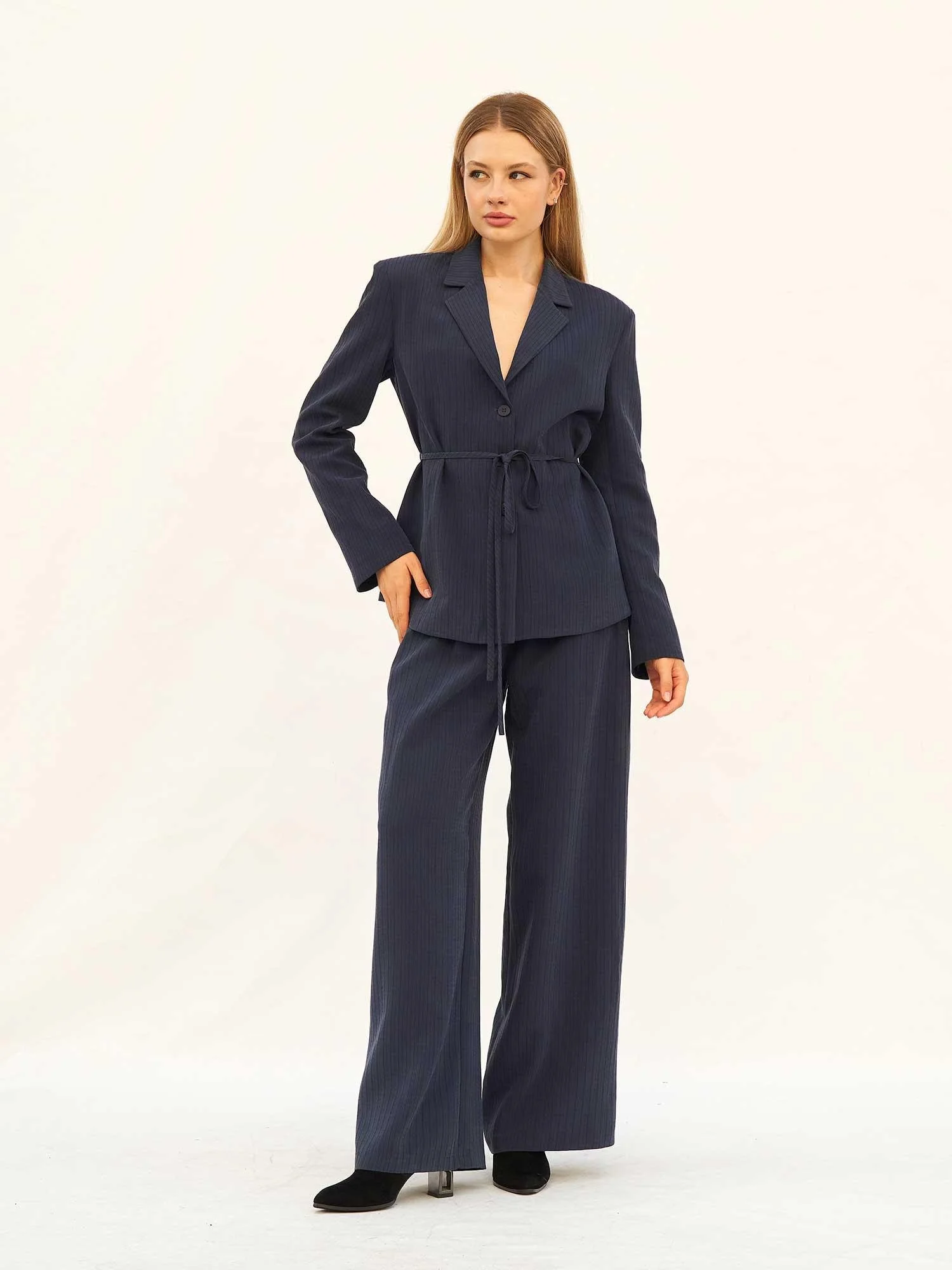 Navy Pinstripe Blazer and Wide-Leg Trousers Set - Lefon - by Peralane