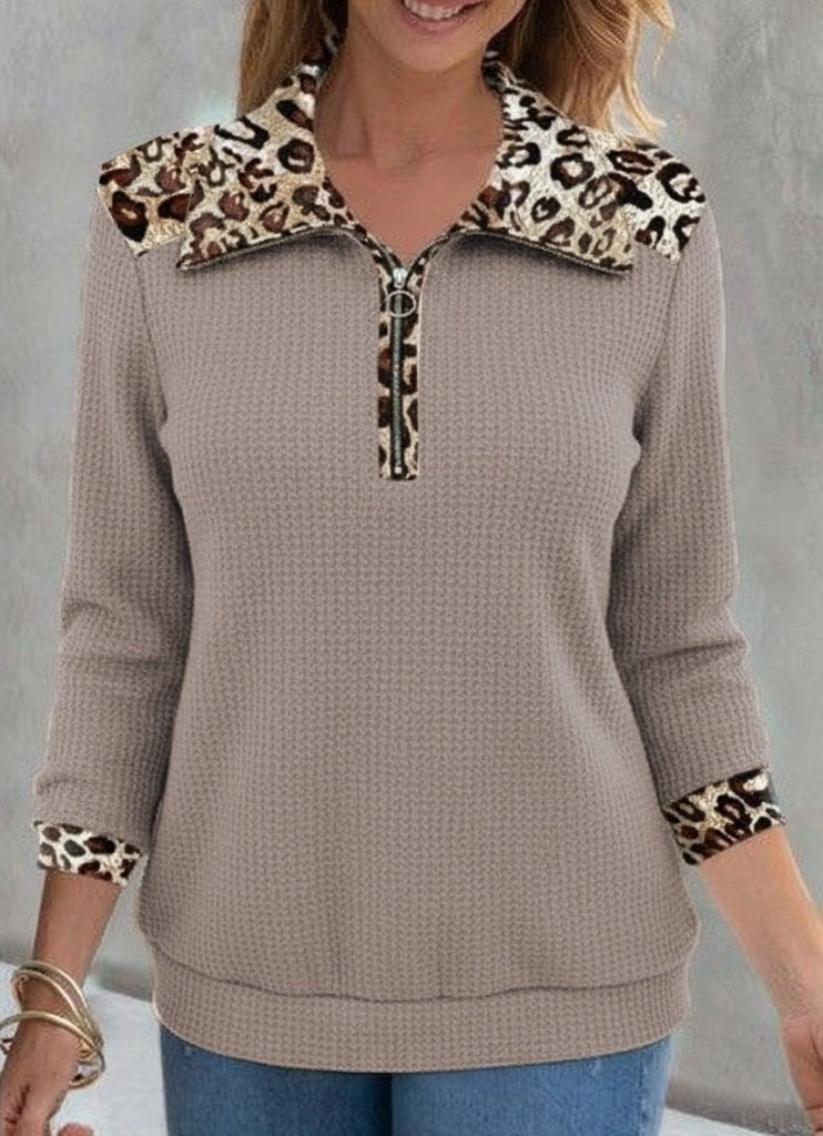 Women's Long-Sleeve Leopard Collar Zip Waffle Blouse - Janes - by Peralane - photo 3