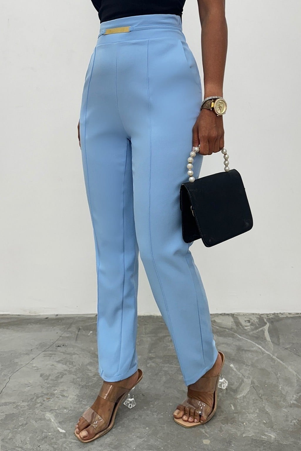 Elastic Waist Pocketed Trousers with Metal Detail - Baby Blue - Podyumplus - by Peralane - photo 6