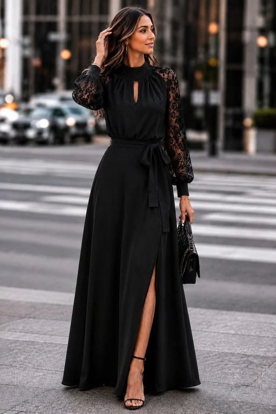 Women's Long-Sleeve Black Crepe Dress with Lace Sleeves and Keyhole Neckline - Janes - by Peralane