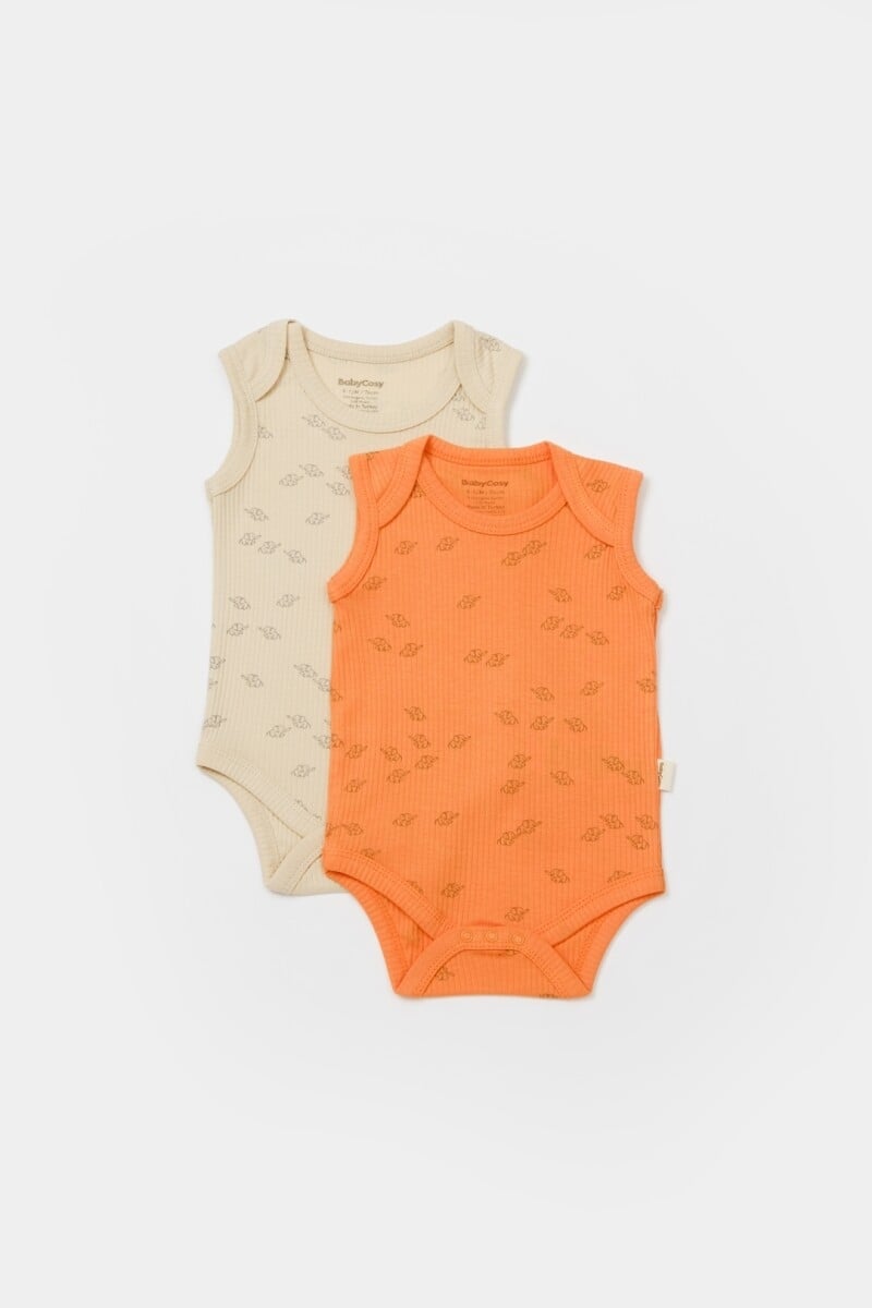 Unisex Baby Ribbed Knit Sleeveless Bodysuit 6-Pack - Cream & Orange Elephant Print - Babycosy - by Peralane