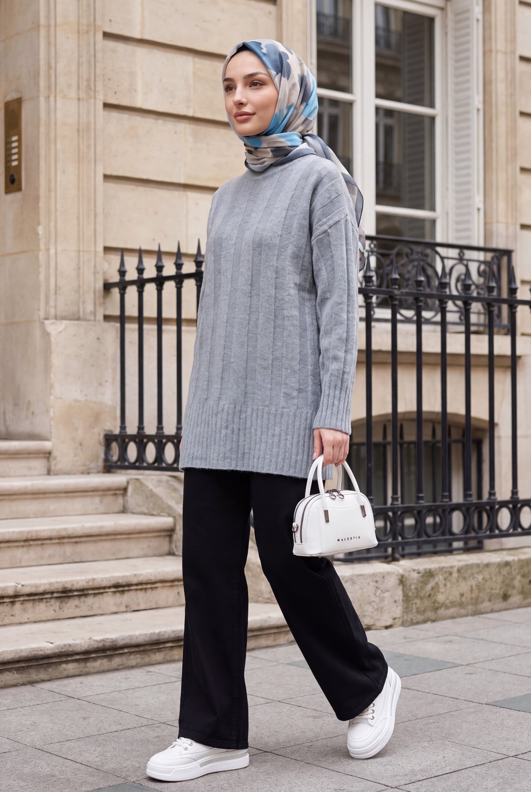 Half Collar Striped Soft Knit Sweater - Grey - Podyumplus - by Peralane - photo 3