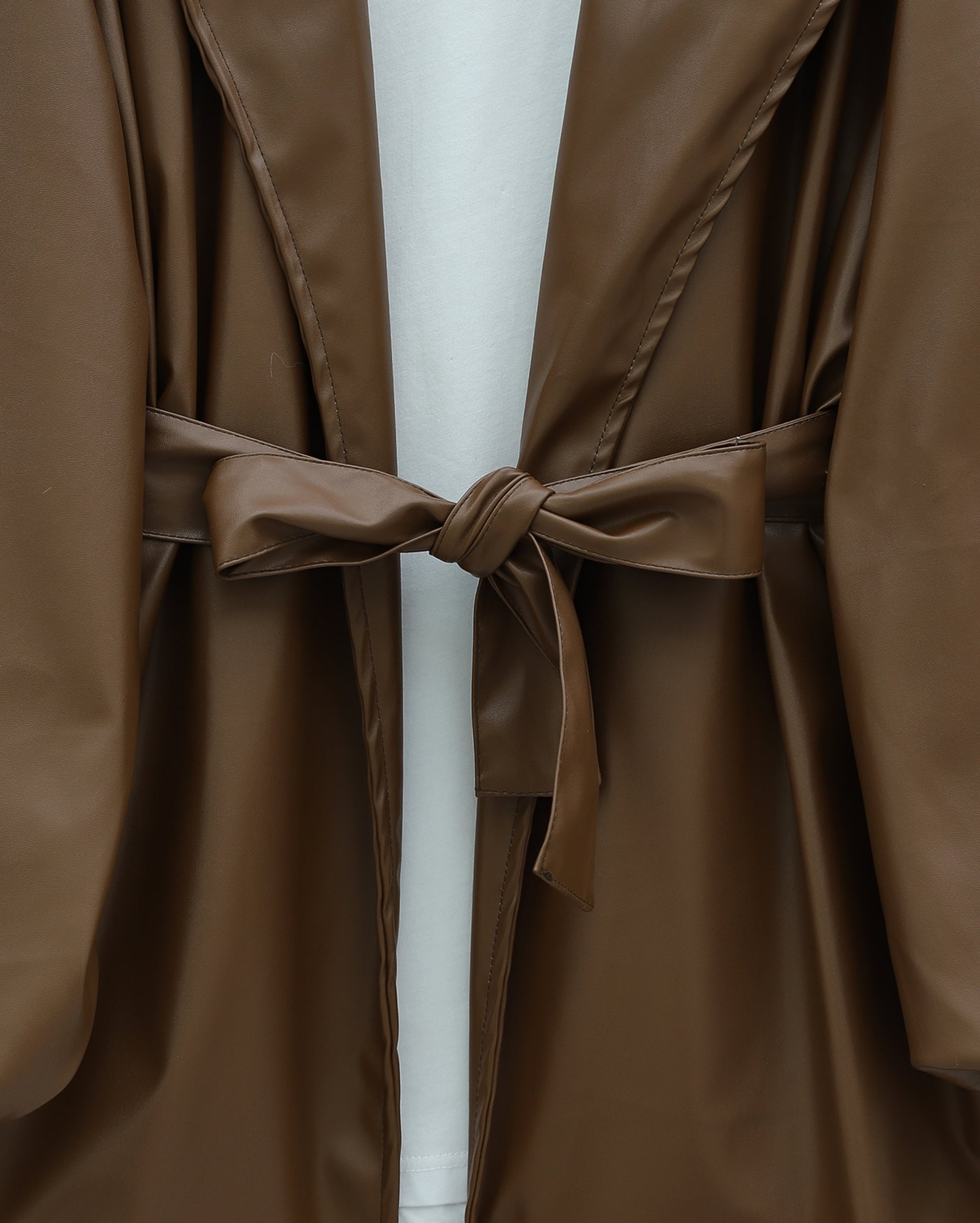 Balloon Sleeve Belted Faux Leather Trench Coat - Tan - Podyumplus - by Peralane - photo 4