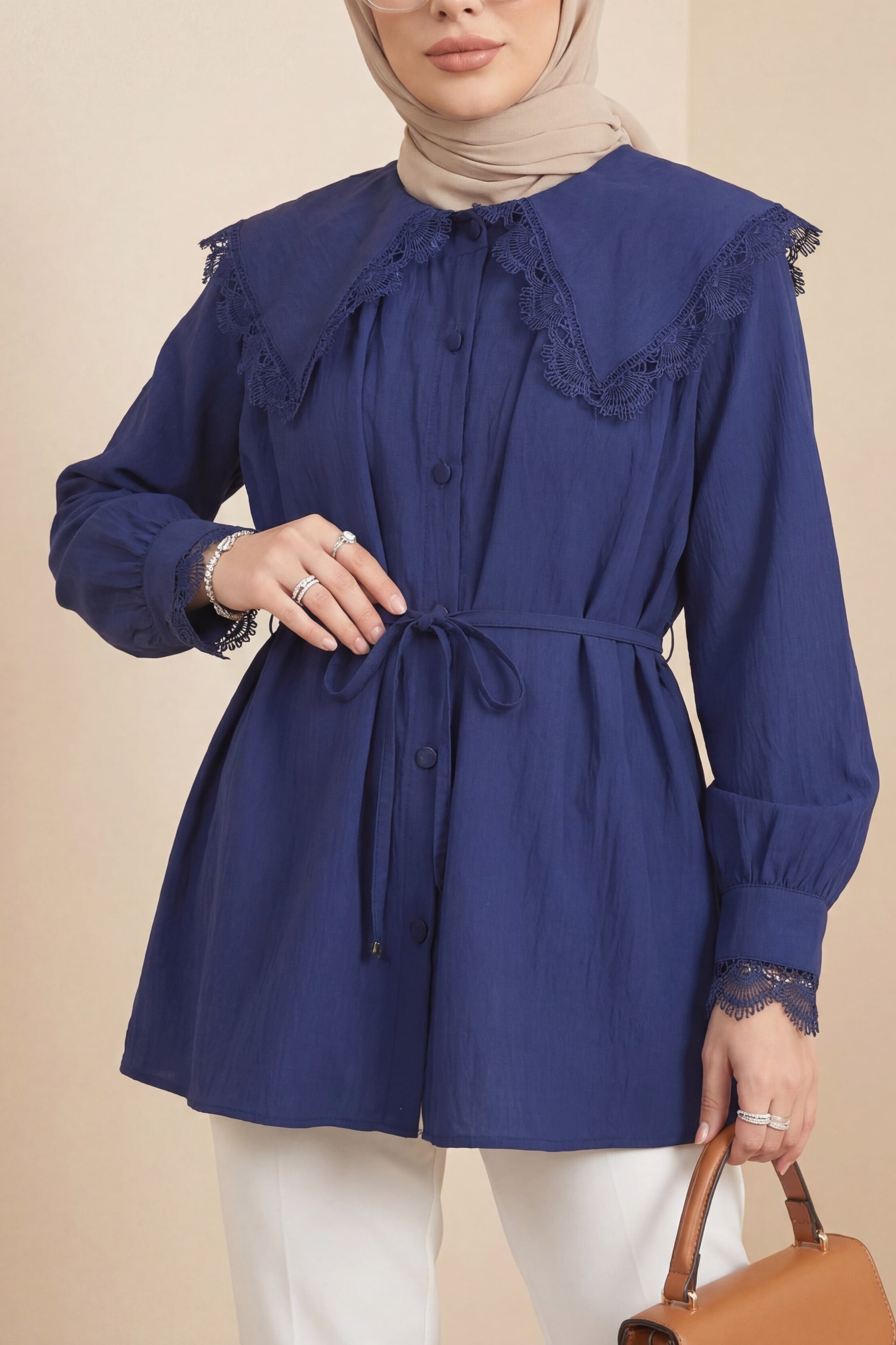 Baby Collar Scalloped Tie Waist Modal Tunic - Navy - Podyumplus - by Peralane - photo 2