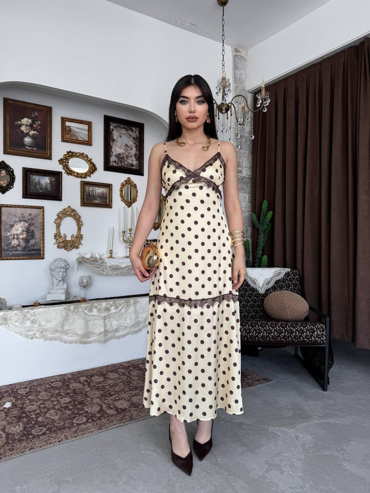 Cream Polka Dot Satin Slip Dress with Lace Trim - Etika - by Peralane - photo 6