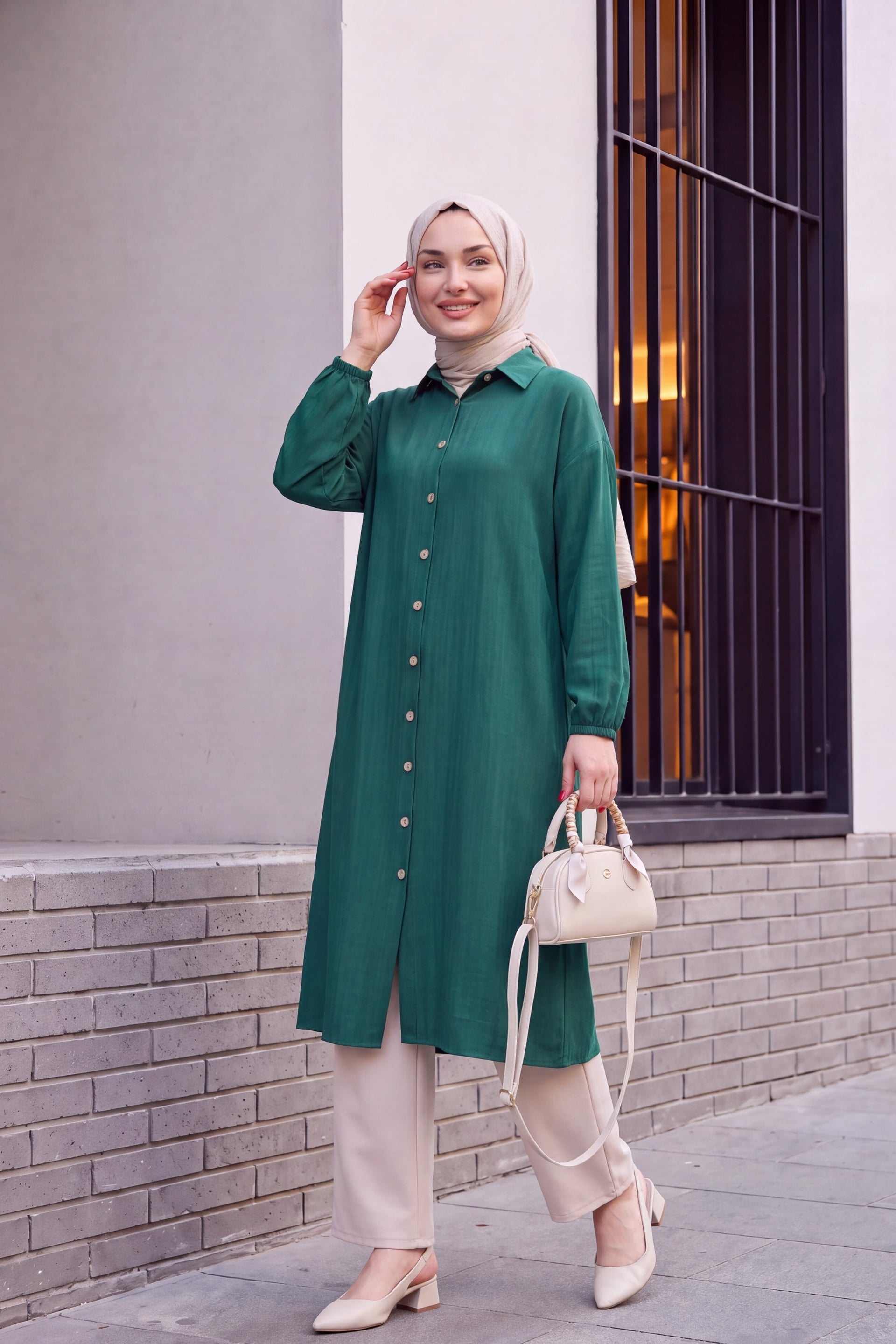 Long Crinkle Tunic with Elastic Cuffs and Button Front - Emerald Green - Podyumplus - by Peralane - photo 5