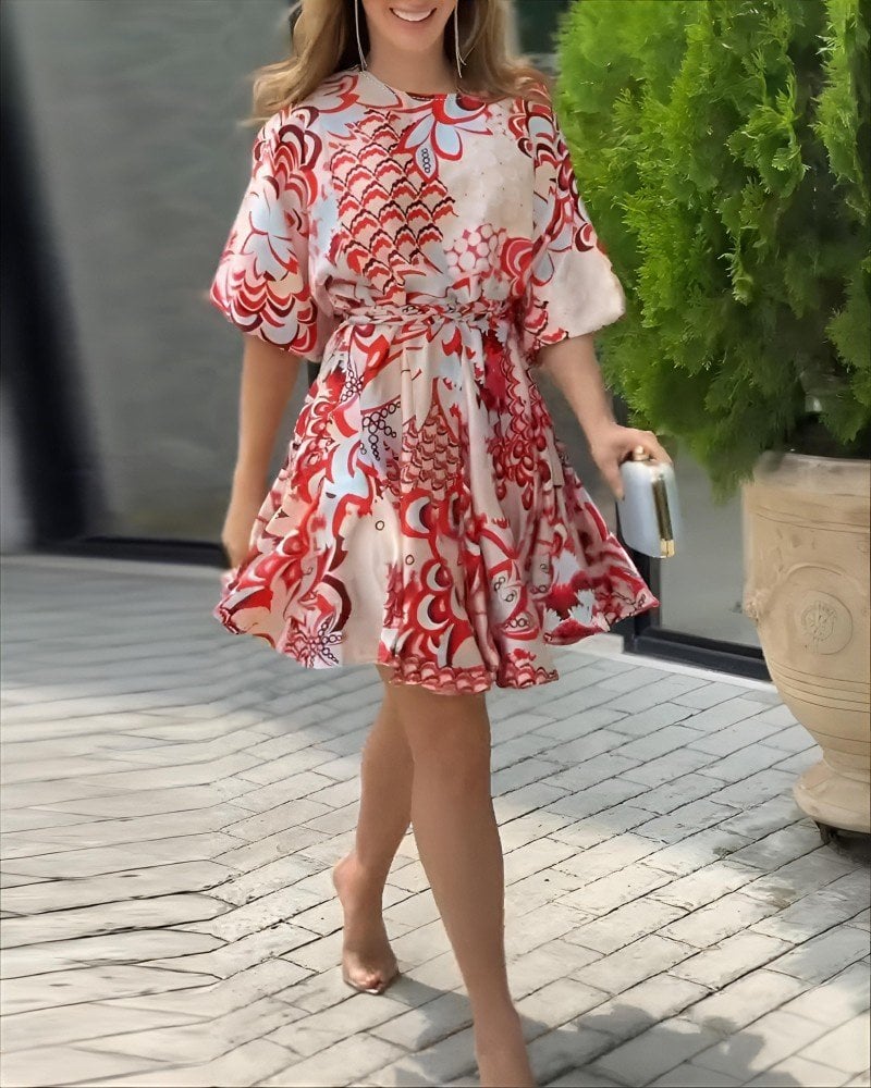 Women's Short Balloon Sleeve Round Neck Pleated Patterned Mini Dress - Janes - by Peralane - photo 11