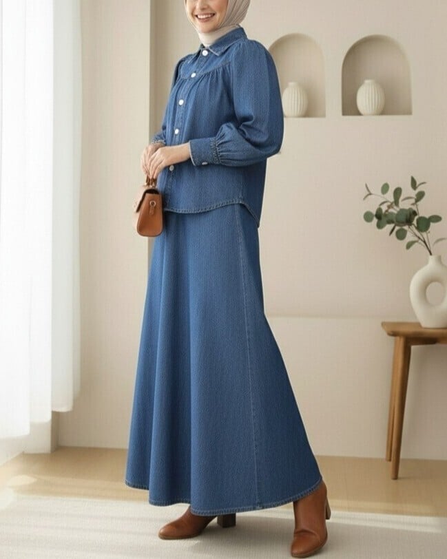 Women's Belted Button-Front Denim Skirt Suit - Indigo - Podyumplus - by Peralane - photo 2
