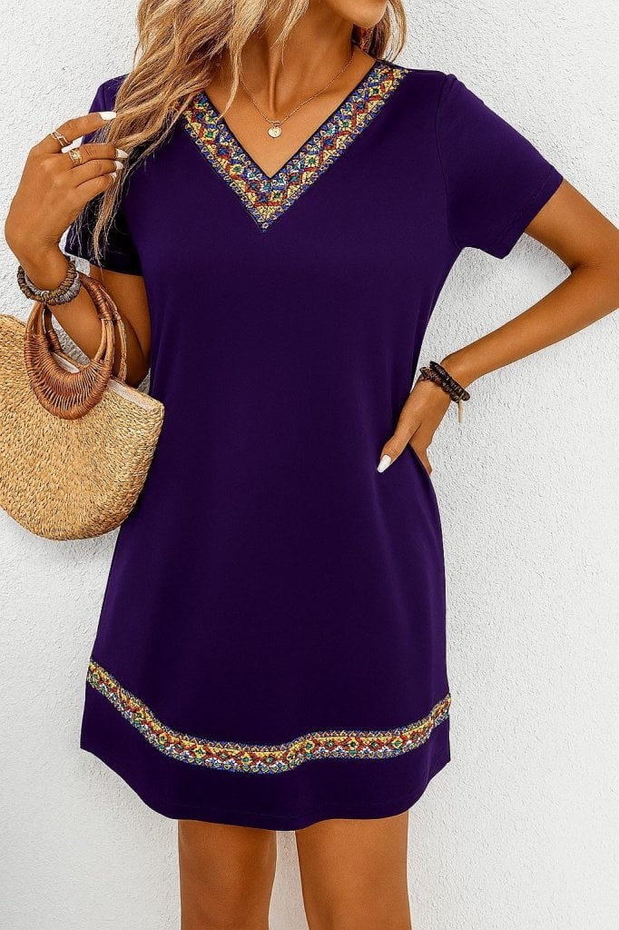 Women's Short-Sleeve V-Neck Ethnic Pattern Trim Viscose Dress - Janes - by Peralane