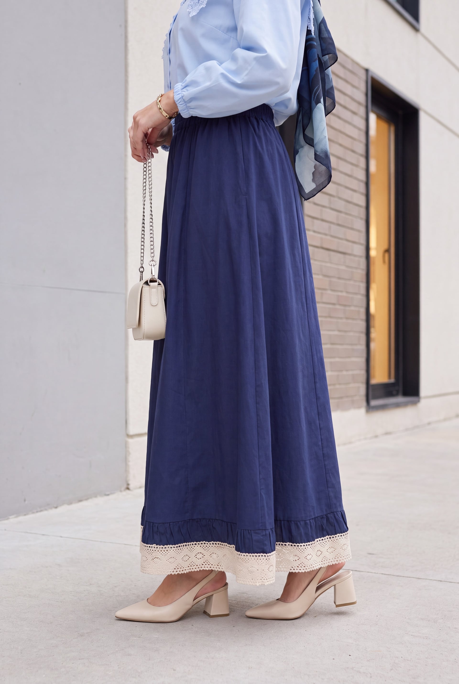 Navy Blue Elasticated Waist Poplin Skirt with Lace Trim and Pockets - Podyumplus - by Peralane - photo 2