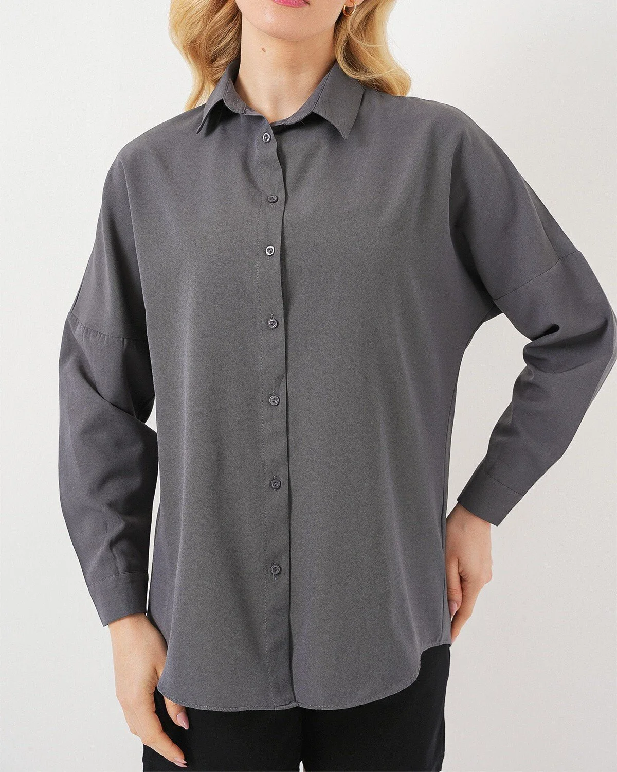 Women's Grey Solid Oversize Long Basic Shirt - Bigdart - by Peralane