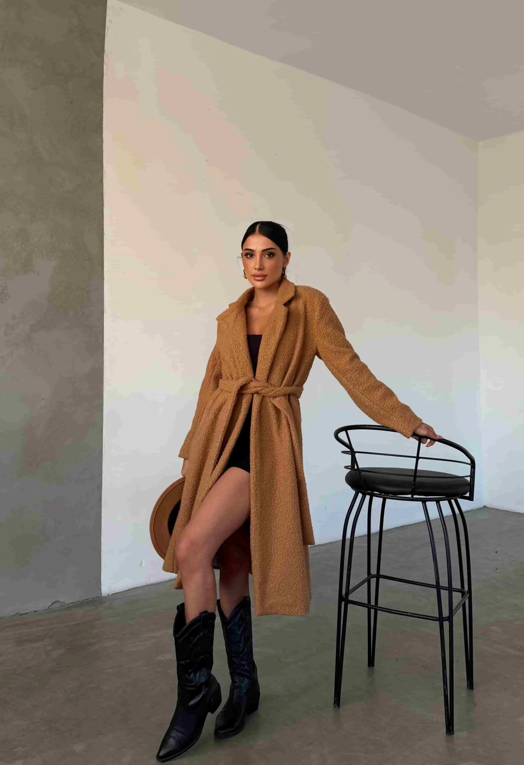 Long Camel Wool Blend Boucle Coat with Tie Belt - My Bee - by Peralane - photo 3