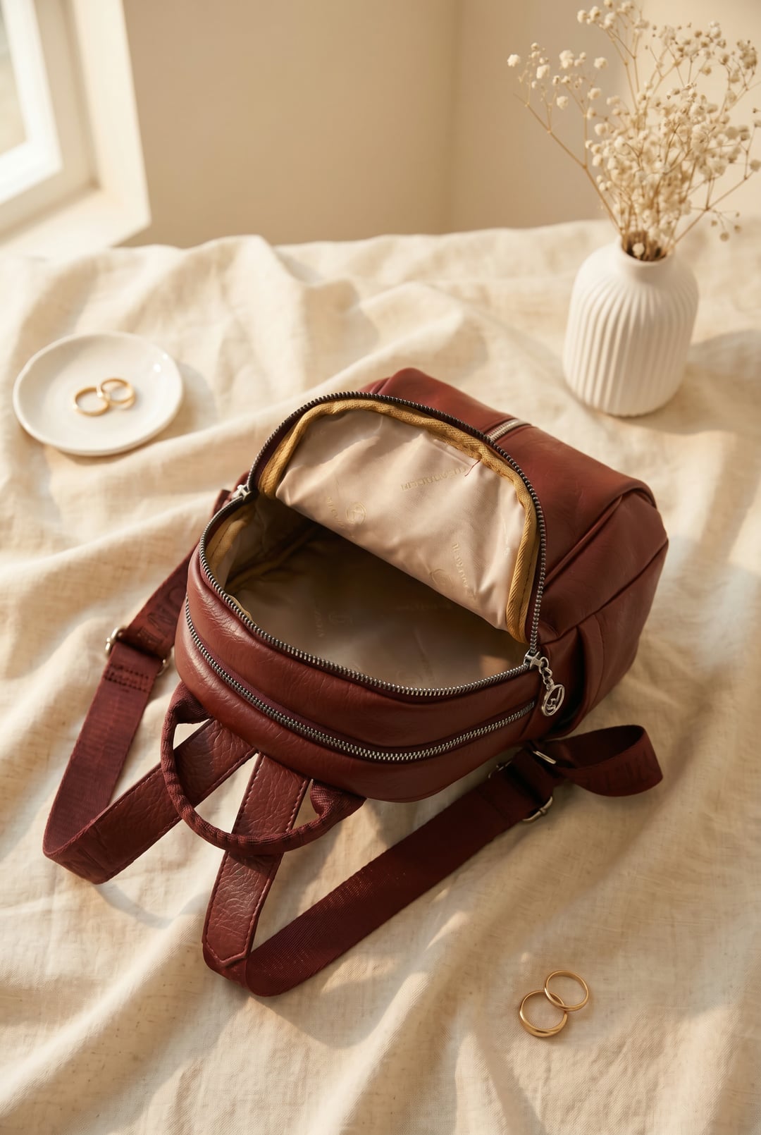 Soft Textured Double Compartment Women's Backpack - Burgundy - Podyumplus - by Peralane - photo 2