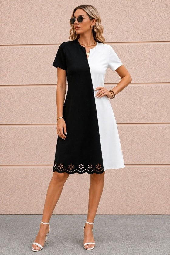Women's Short Sleeve V-Neck Two-Tone Laser Cut Floral Krep Dress - Janes - by Peralane - photo 2