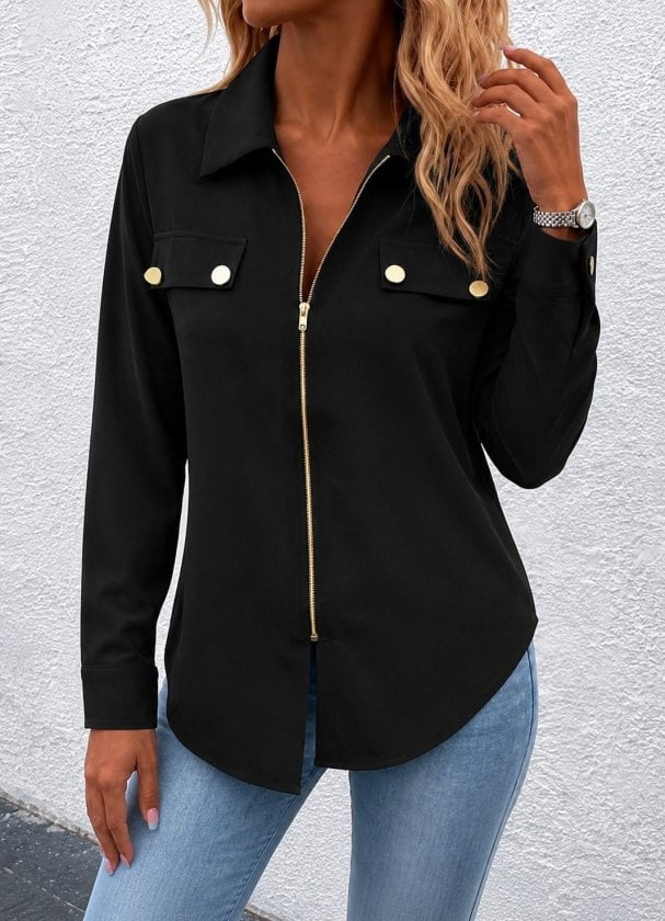 Women's Long-Sleeved Collared Blouse with Zip and Pocket Details - Janes - by Peralane - photo 2
