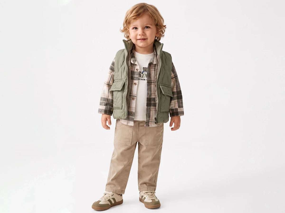 Boys' 4-Piece Set with Teddy Bear Embroidery, Pocketed Vest, and Plaid Shirt - Canoz - by Peralane