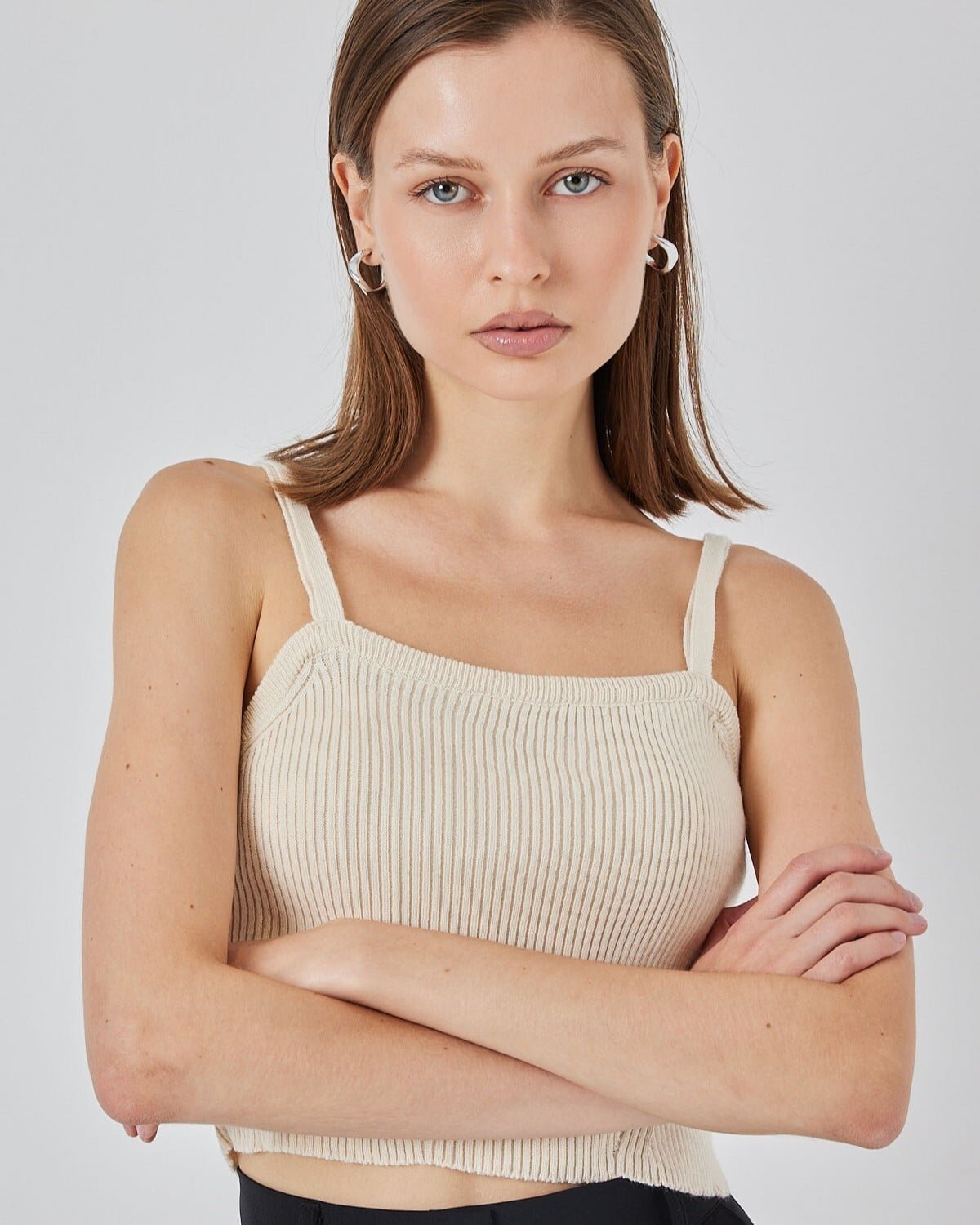 Women's Cream Ribbed Knit Crop Tank Top with Square Neckline - Bigdart - by Peralane - photo 3