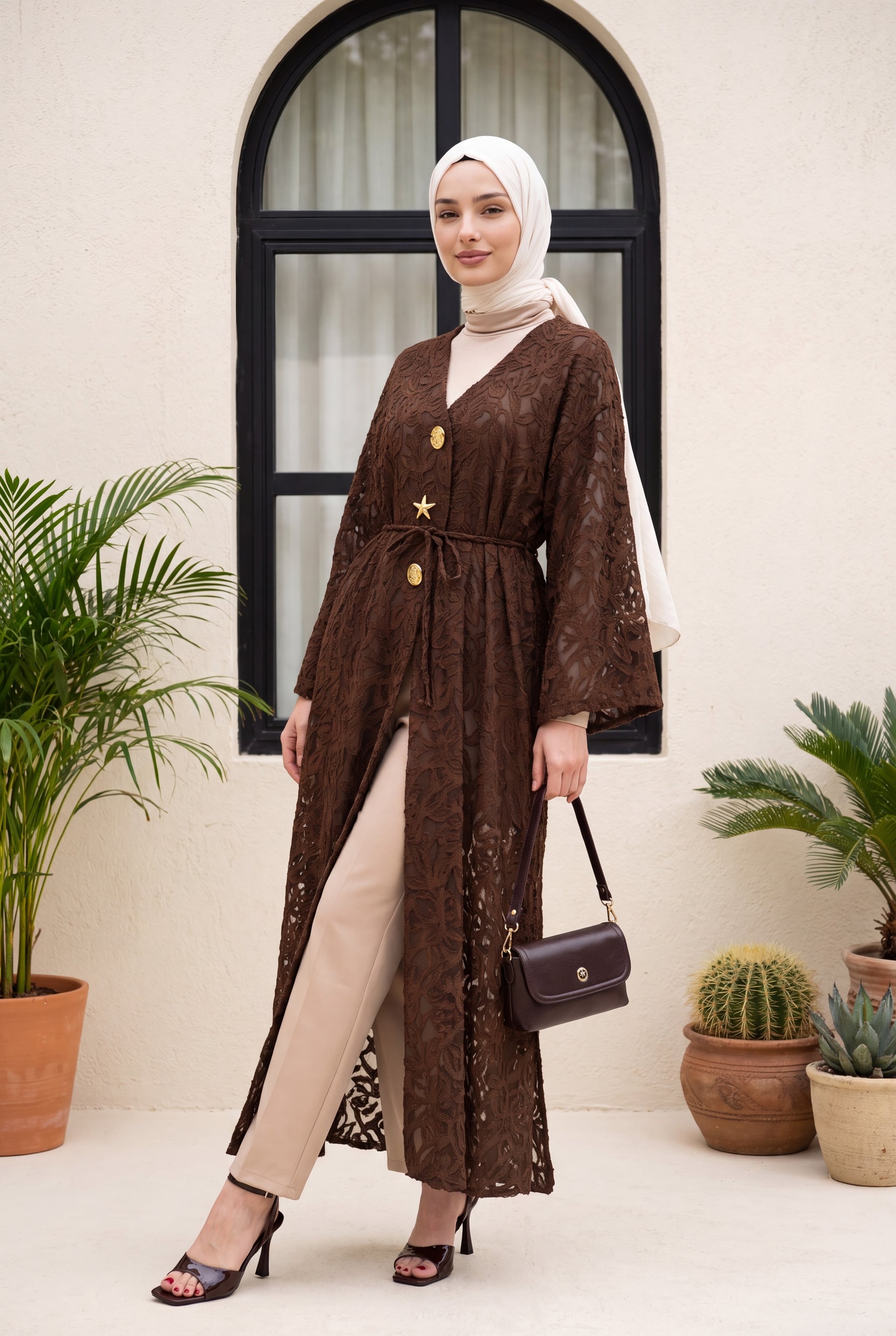 Long Kimono Cardigan with Wide Sleeves and Brooch Detail - Brown - Podyumplus - by Peralane - photo 2