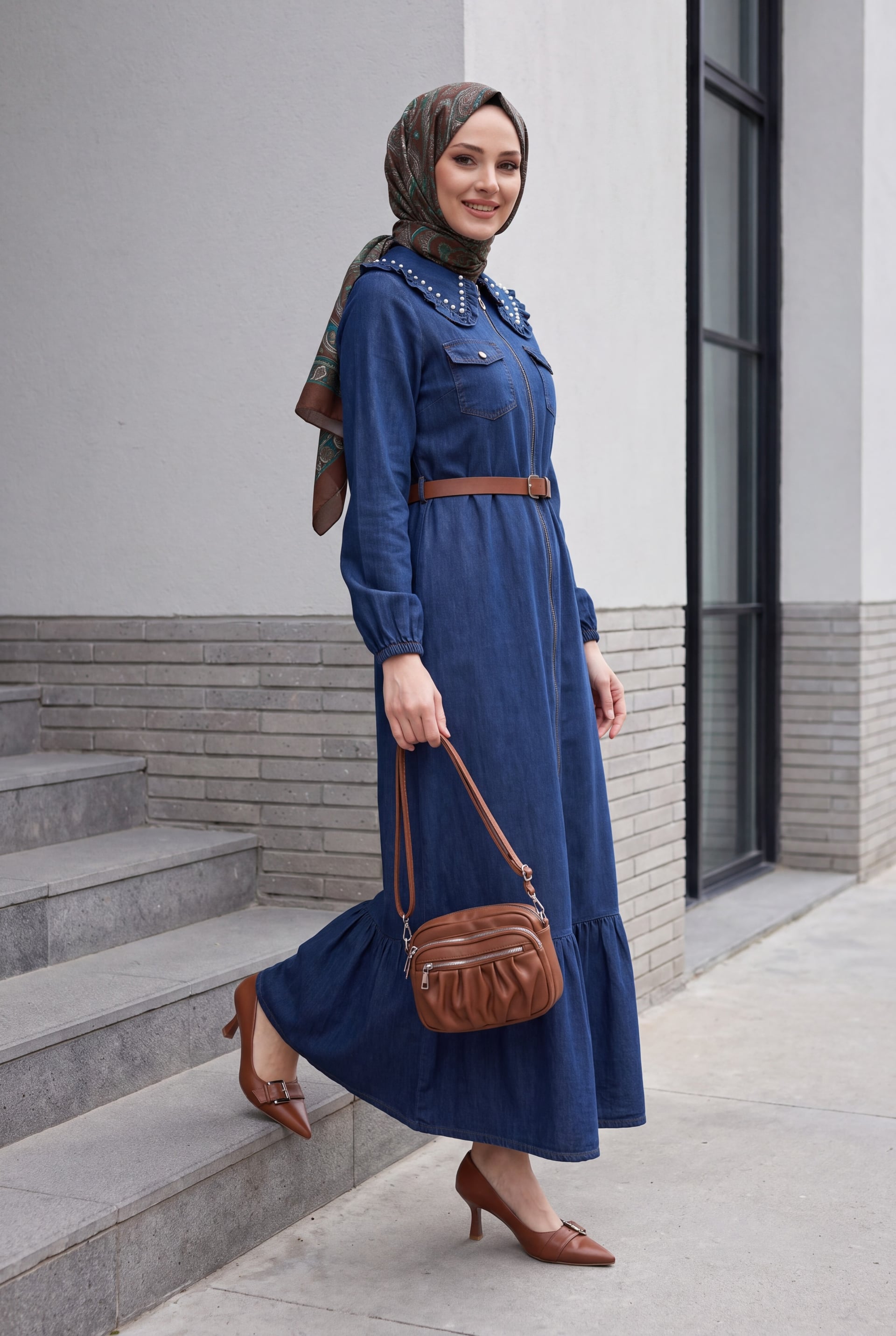 Peter Pan Collar Half Zip Pearl Detail Belted Denim Dress - Navy - Podyumplus - by Peralane - photo 2