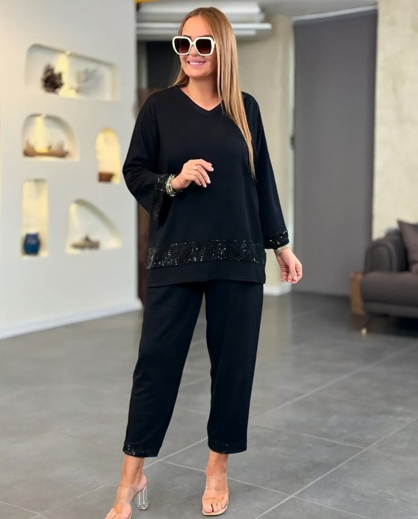 Women's Long Sleeve V-Neck Sequin Trim Viscose Two-Thread Top and Trousers Set - Janes - by Peralane