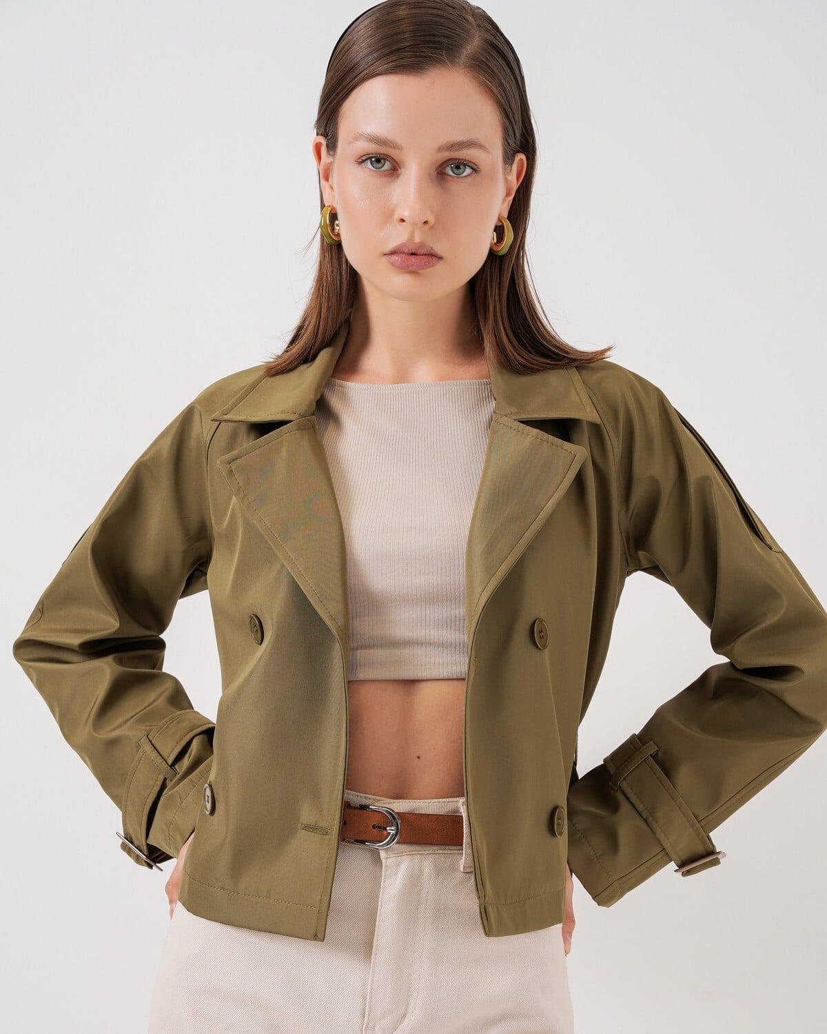 Women's Belted Short Trench Coat in Olive - Wholeskop - by Peralane - photo 6