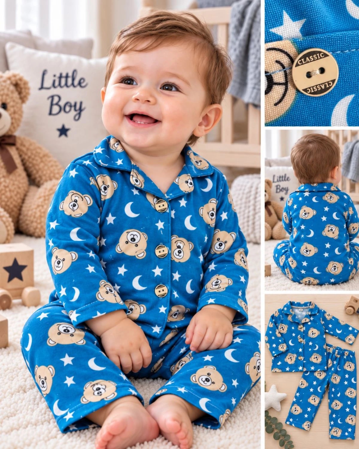 Baby Boys' Sax Blue Pyjama Set with Teddy Bear Print, Pack of 4, 9-24 Months - Has Bereket - by Peralane