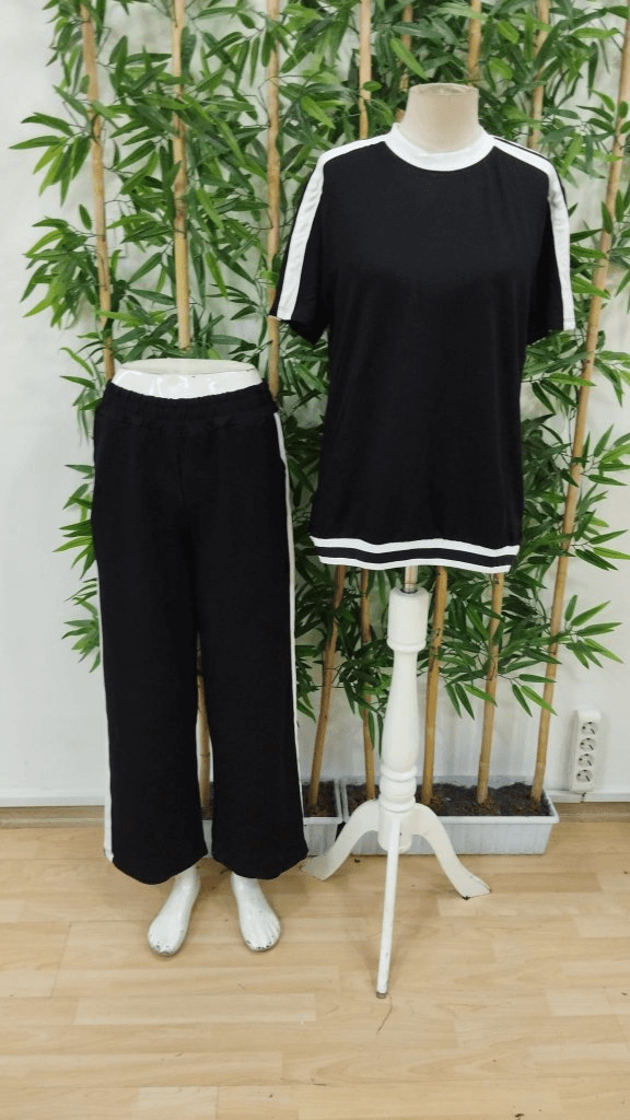 Women's Short Sleeve Crew Neck Two-Tone Stripe Detail Viscose Two-Thread Blouse and Trousers Set - Janes - by Peralane - photo 5