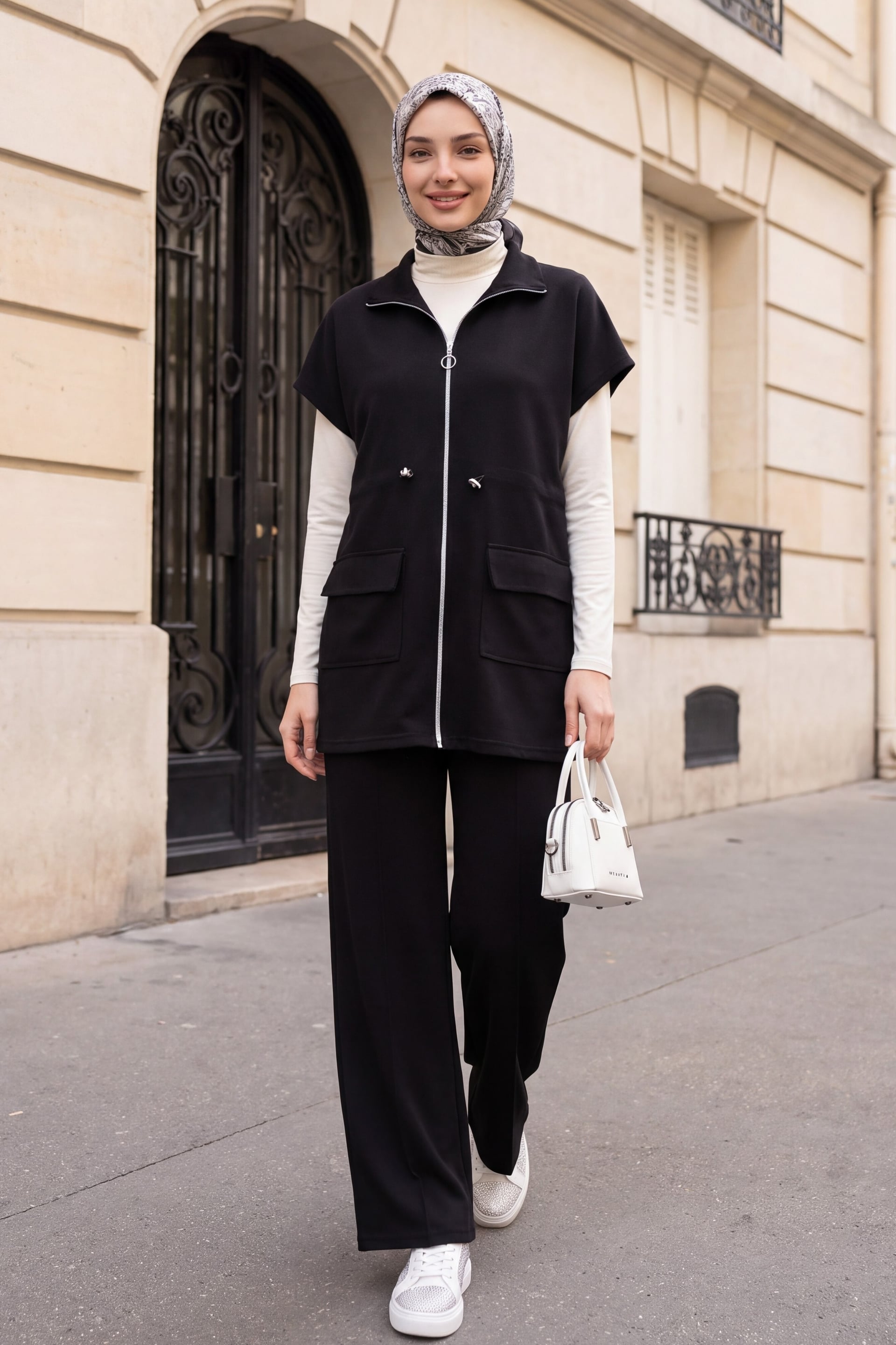 Black Hooded Zip-Up Two-Piece Set with Wide-Leg Trousers - Podyumplus - by Peralane - photo 3