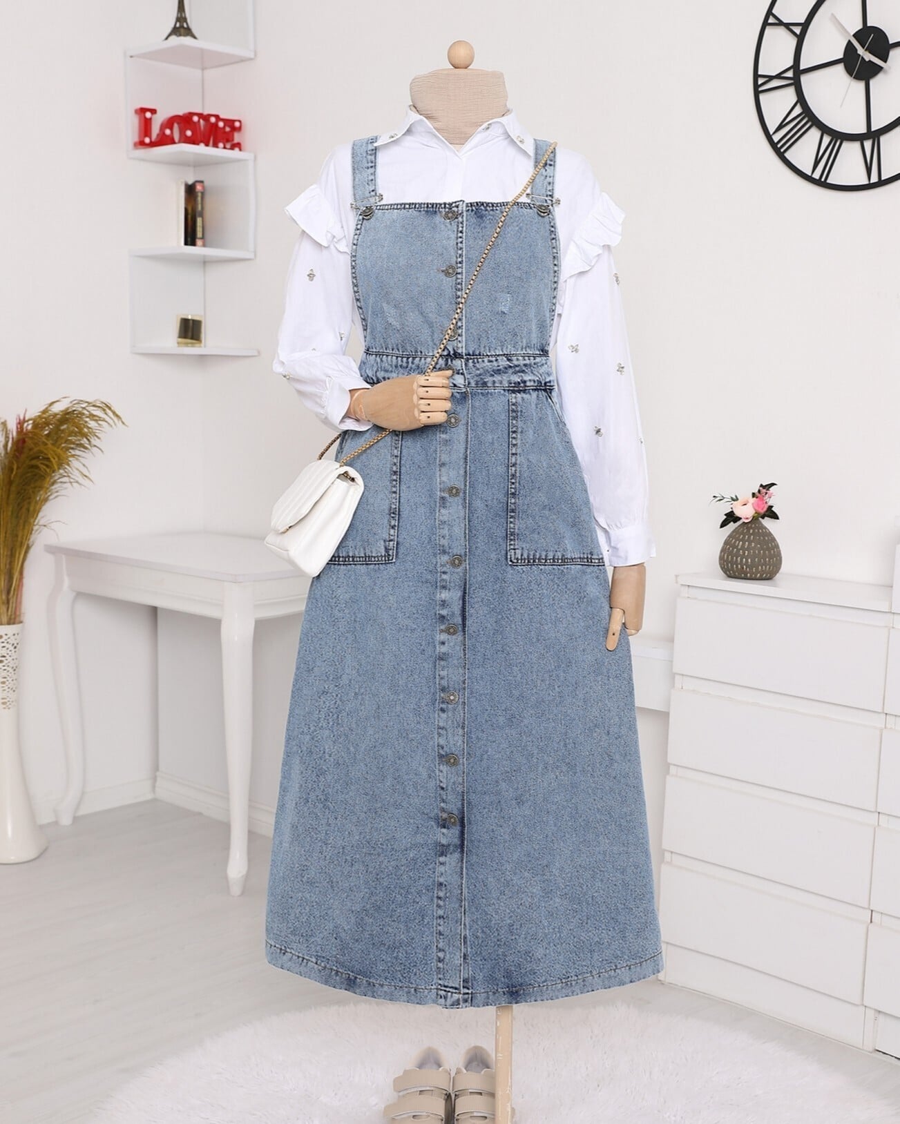 Button-Front Distressed Denim Pinafore Dress - Ice Blue - Podyumplus - by Peralane - photo 6