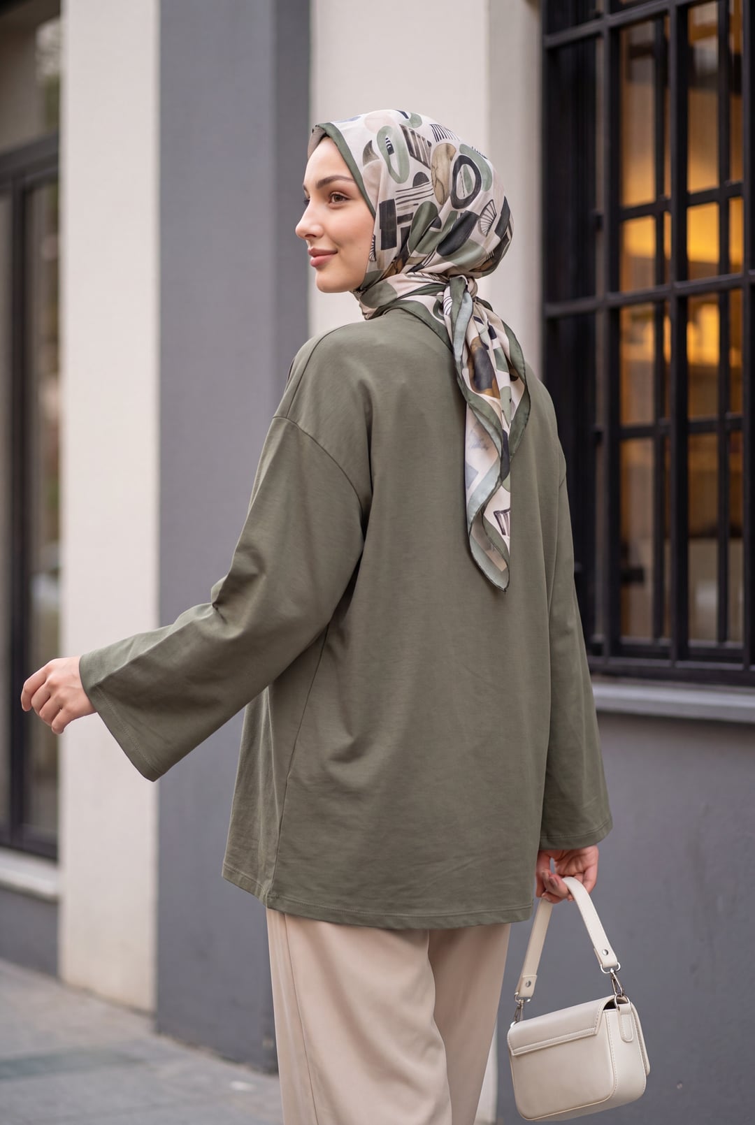 Round Neck Oversized Jersey Tunic in Olive Green - Podyumplus - by Peralane - photo 8