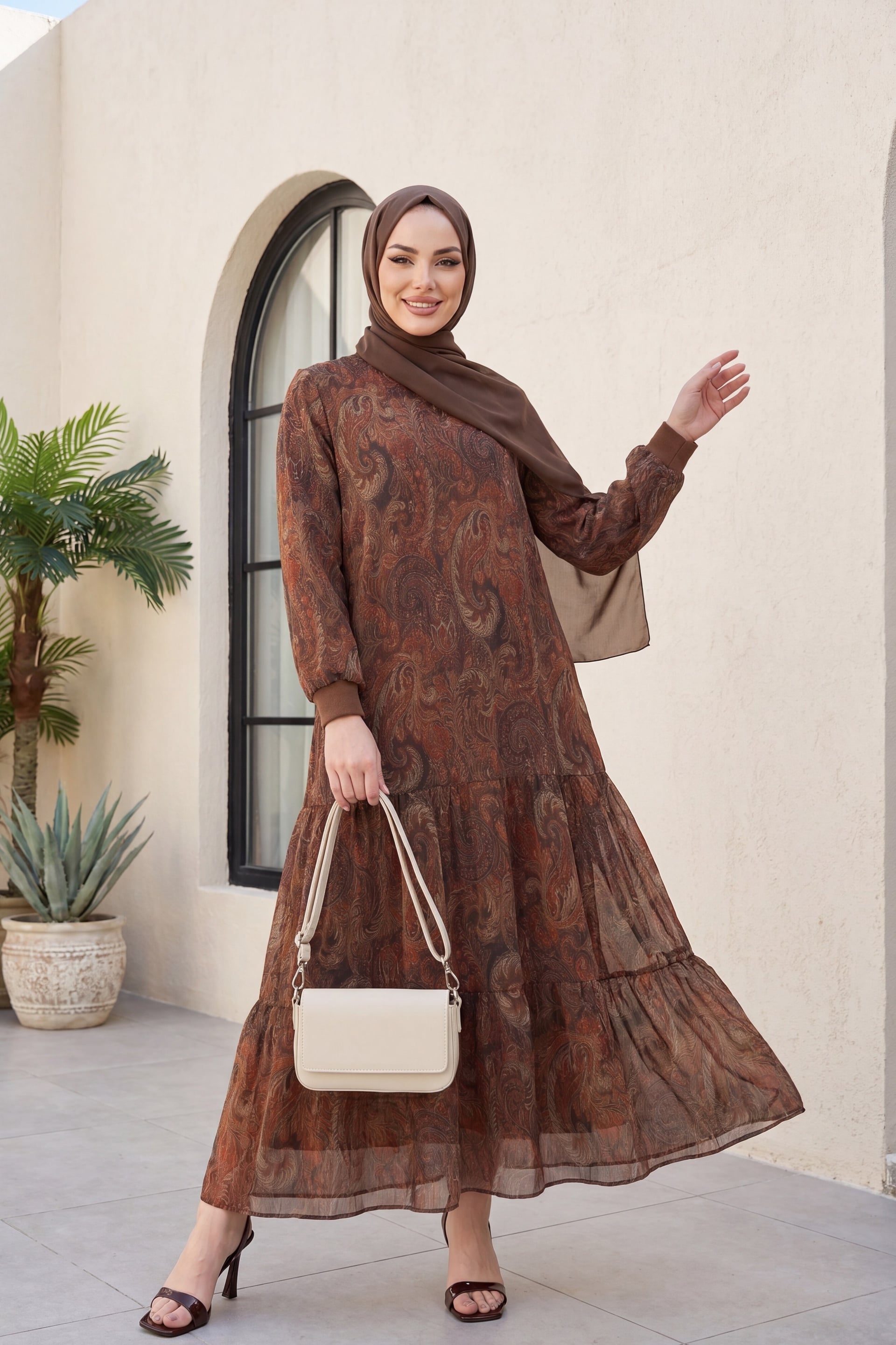 Ethnic Print Tiered Chiffon Maxi Dress - Light Brown - Podyumplus - by Peralane