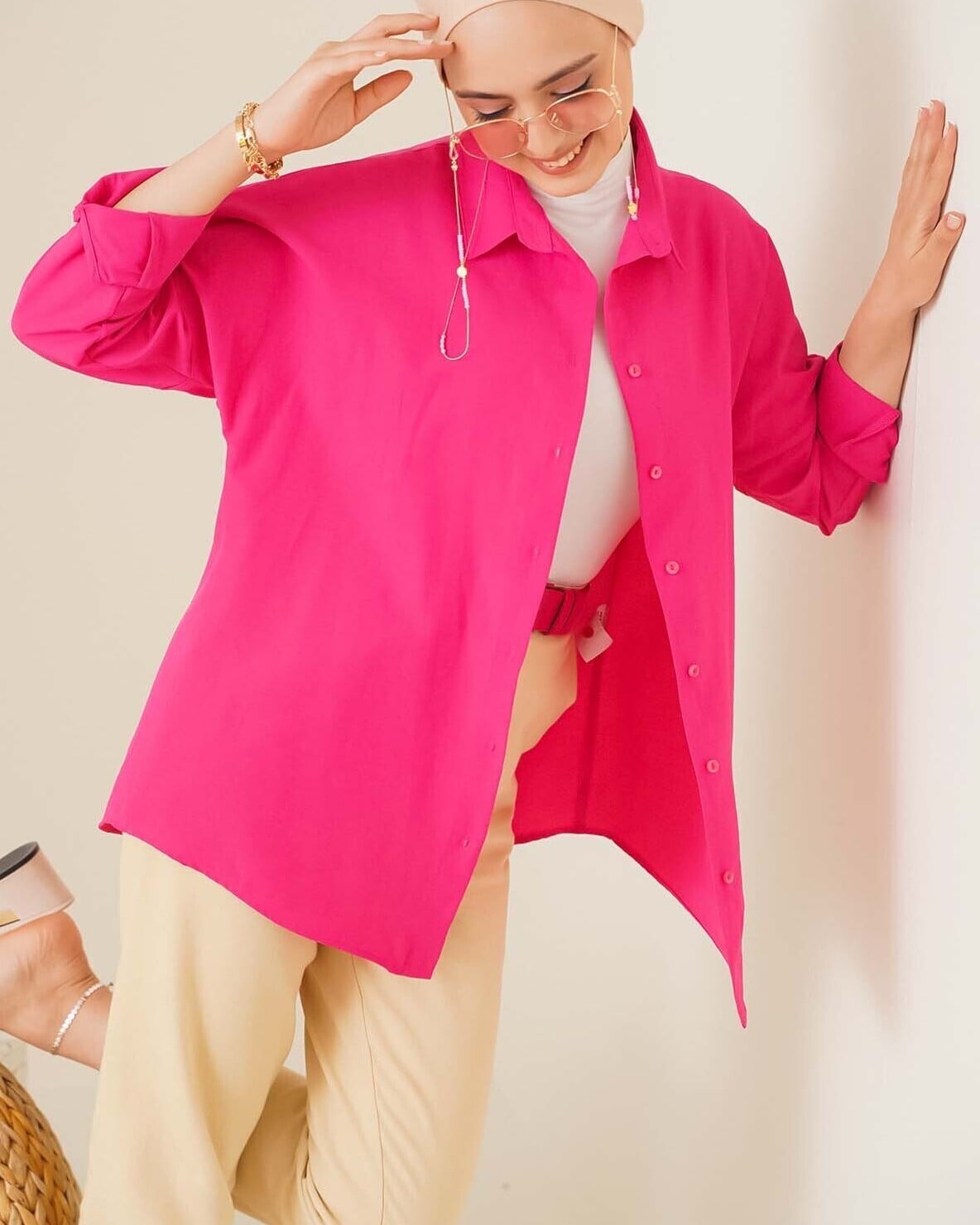Oversize Basic Modest Shirt - Dark Pink - Bigdart - by Peralane - photo 3