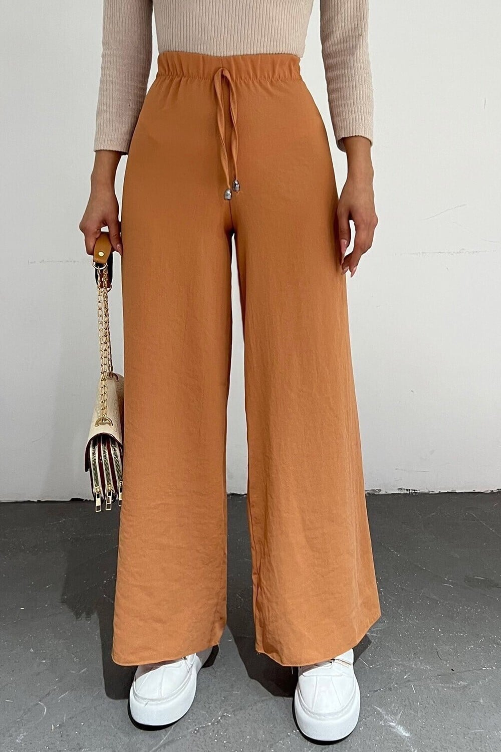 Drawstring Wide-Leg Elastic Waist Trousers - Apricot - Podyumplus - by Peralane - photo 3