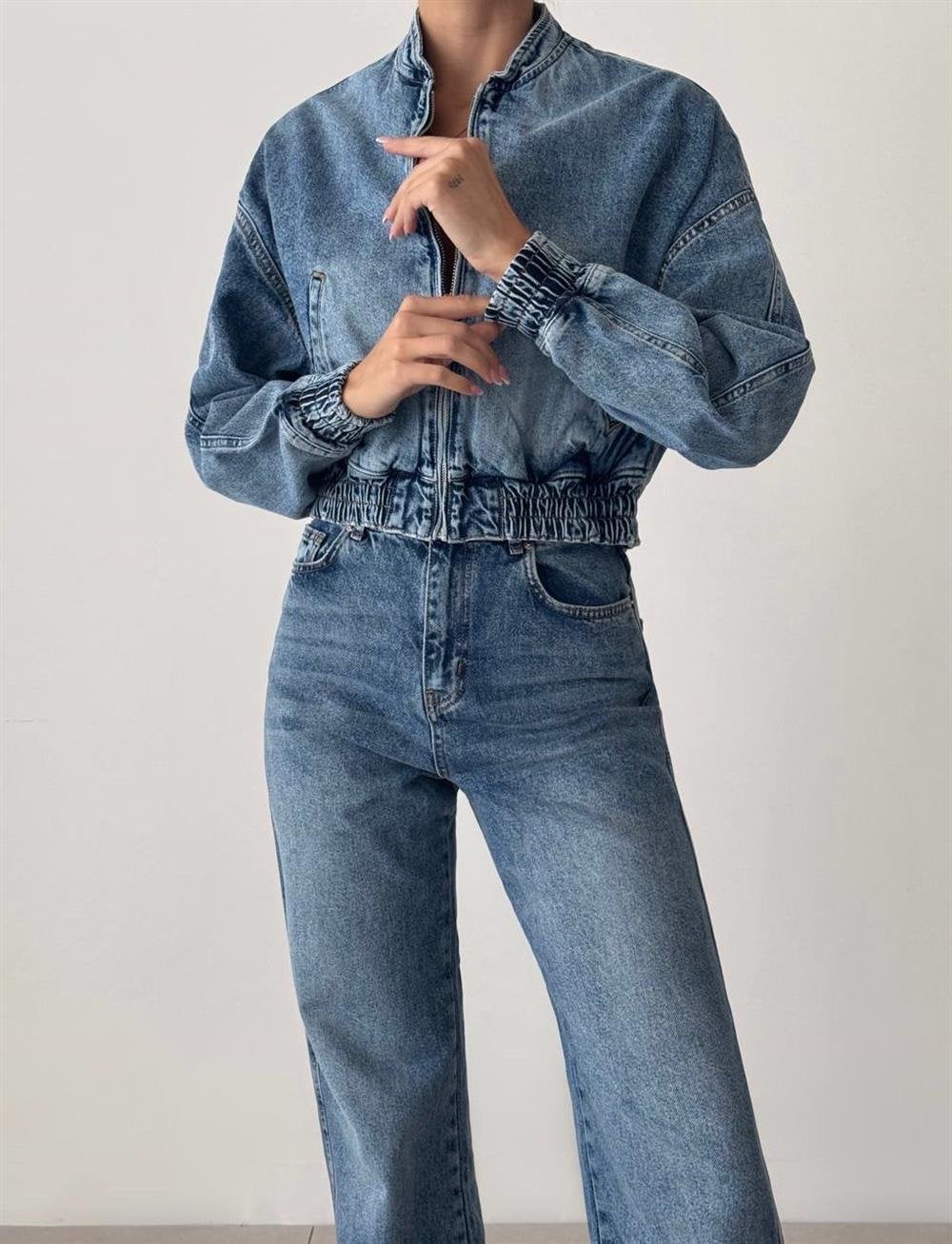 Women's Blue Bomber Jean Jacket with Zip Front and Elasticated Cuffs - Lacarino Jeans - by Peralane - photo 3