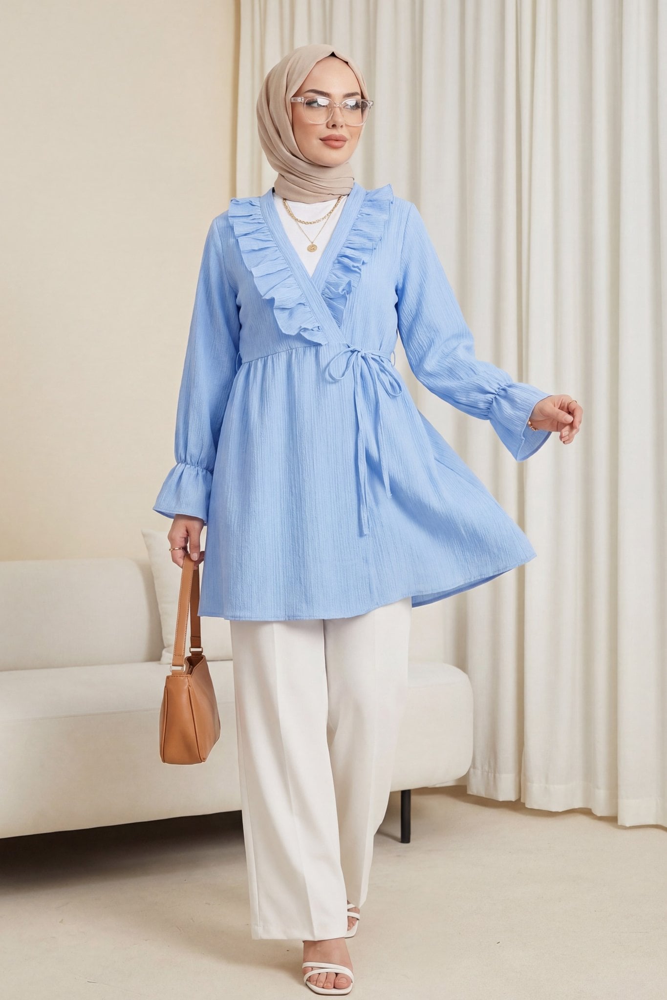 Ruffled Tie-Front Crinkle Kimono - Baby Blue - Podyumplus - by Peralane - photo 5