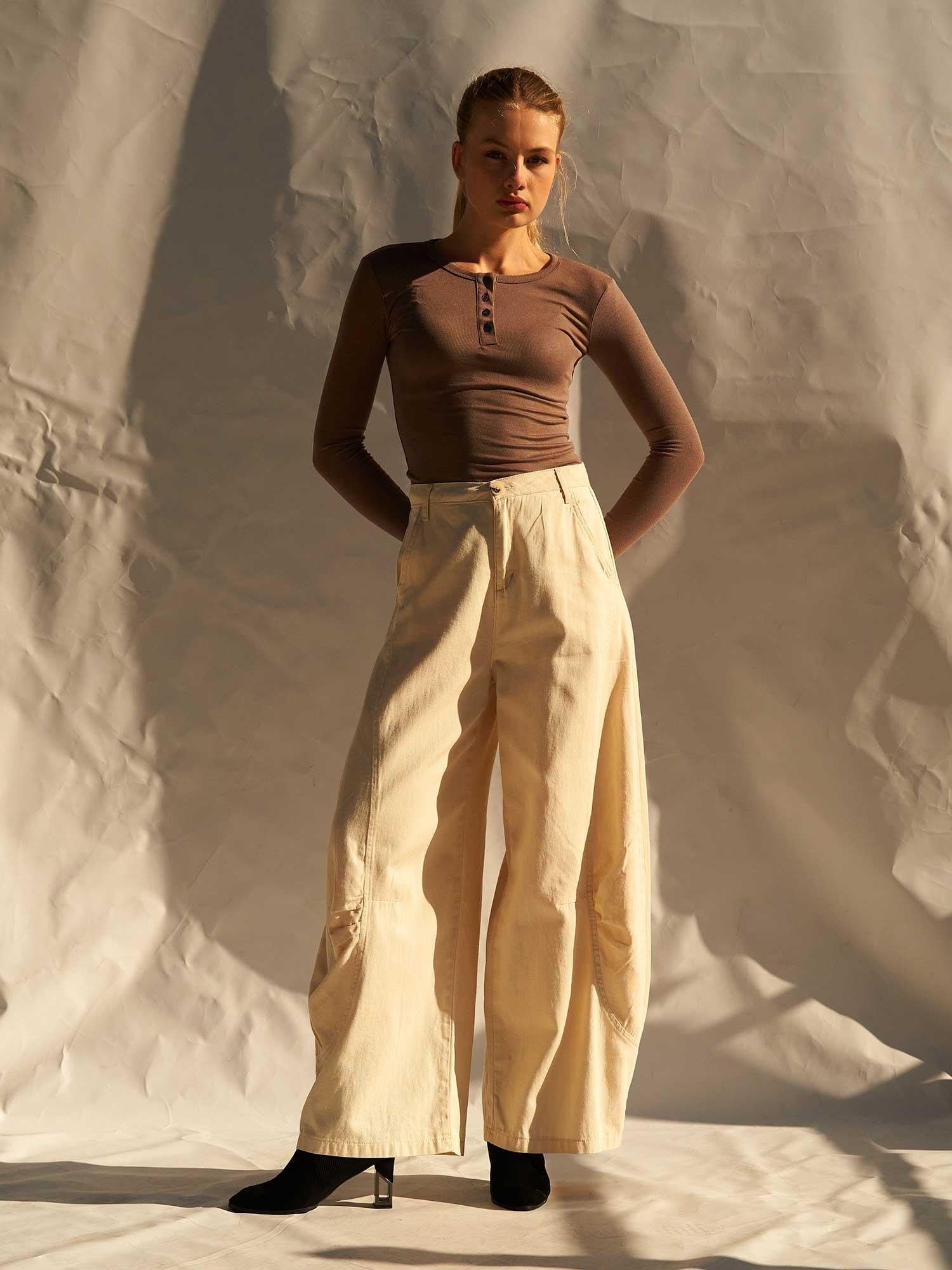 Women's High-Waist Wide-Leg Cotton Twill Trousers – Cream - Lefon - by Peralane - photo 4