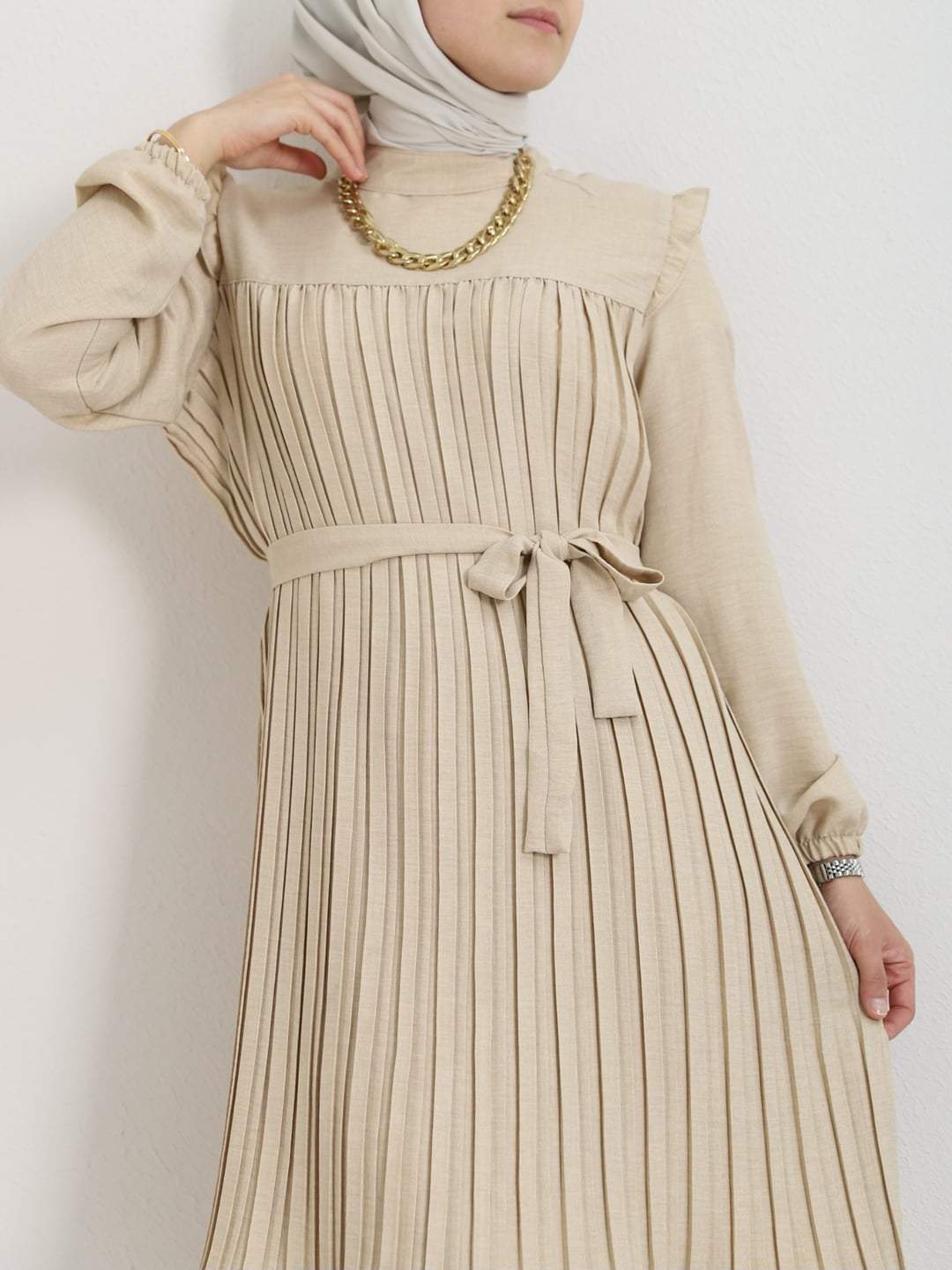 Beige Pleated Tunic and Trousers Set with Self-Tie Belt - Podyumplus - by Peralane - photo 5