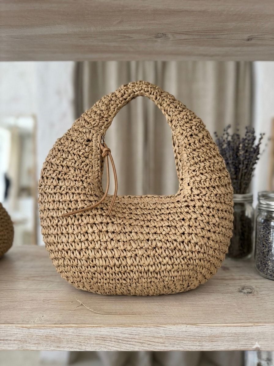 Natural Woven Straw Bag with Tan Leather Tie - Nesvay - by Peralane