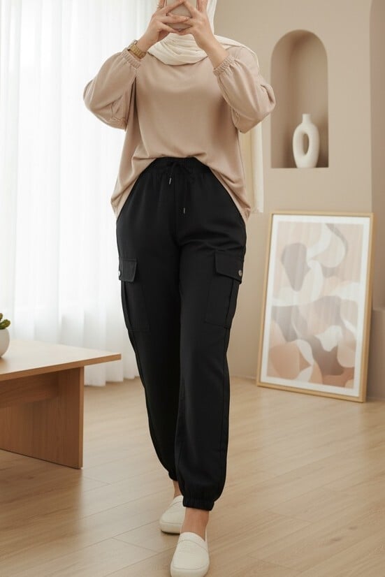 Black Drawstring Cargo Jeans with Elastic Waist and Cuffs - Podyumplus - by Peralane