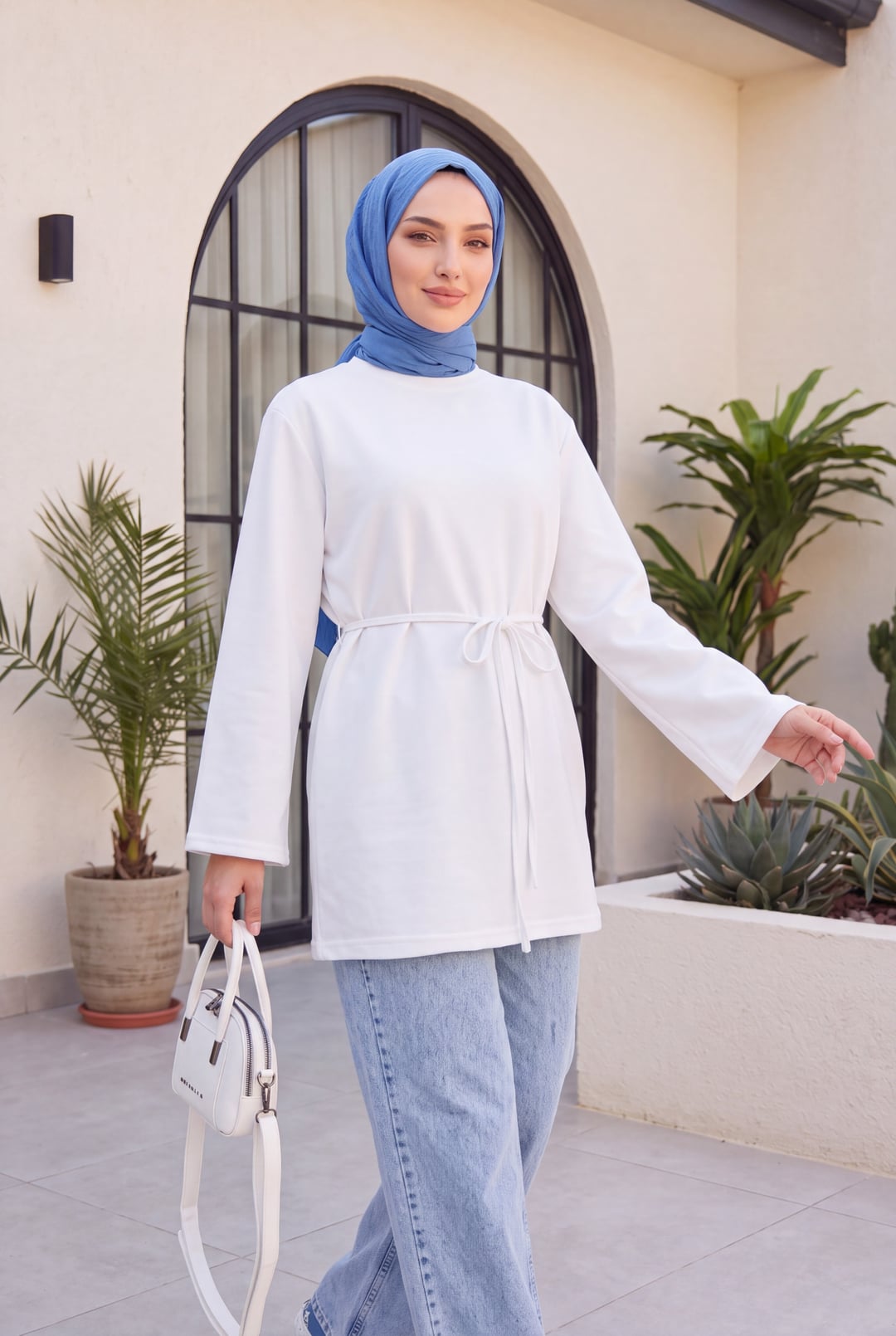 White Long-Sleeved Tie-Waist Knit Tunic - Podyumplus - by Peralane - photo 2