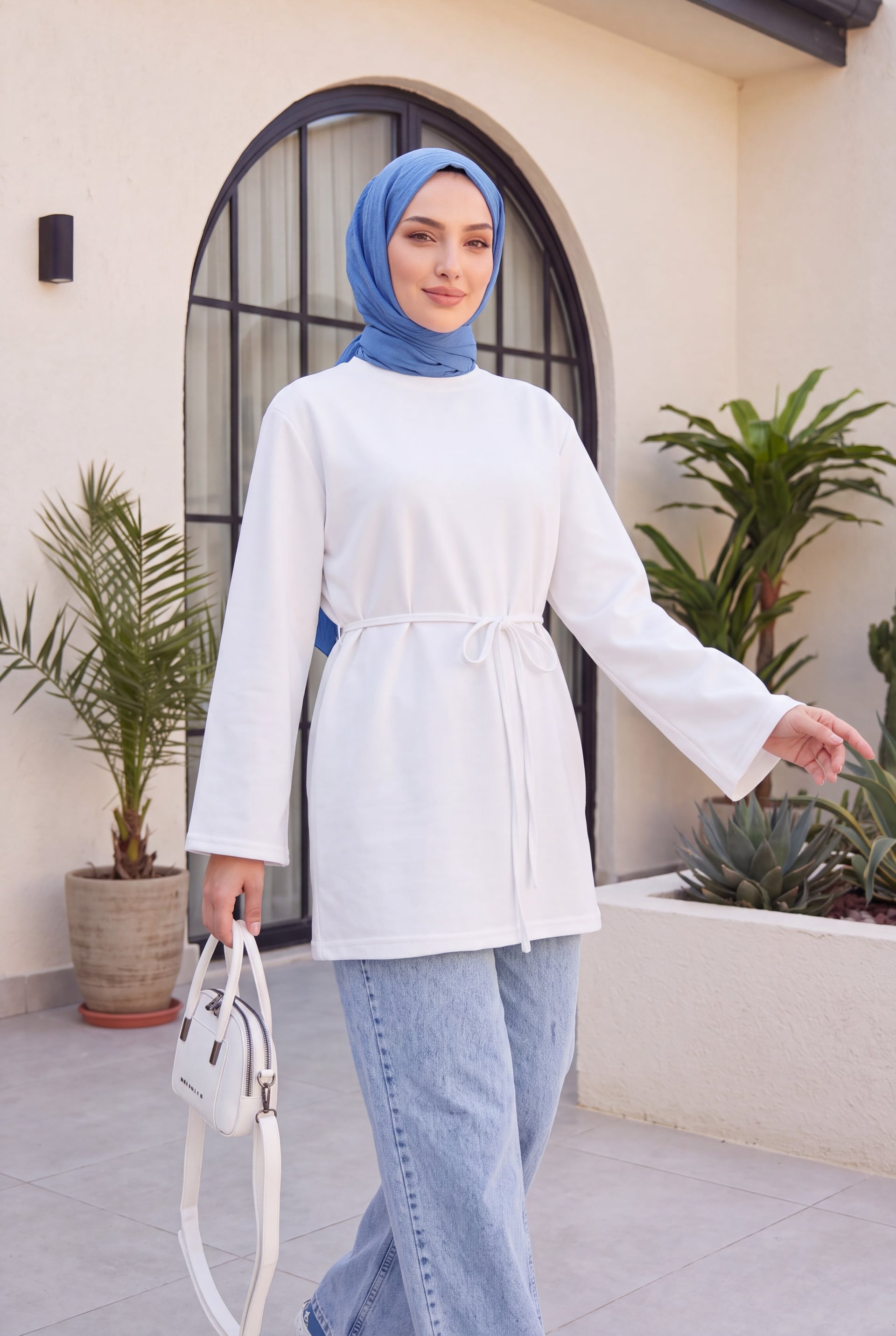 White Long-Sleeved Tie-Waist Knit Tunic - Podyumplus - by Peralane - photo 2